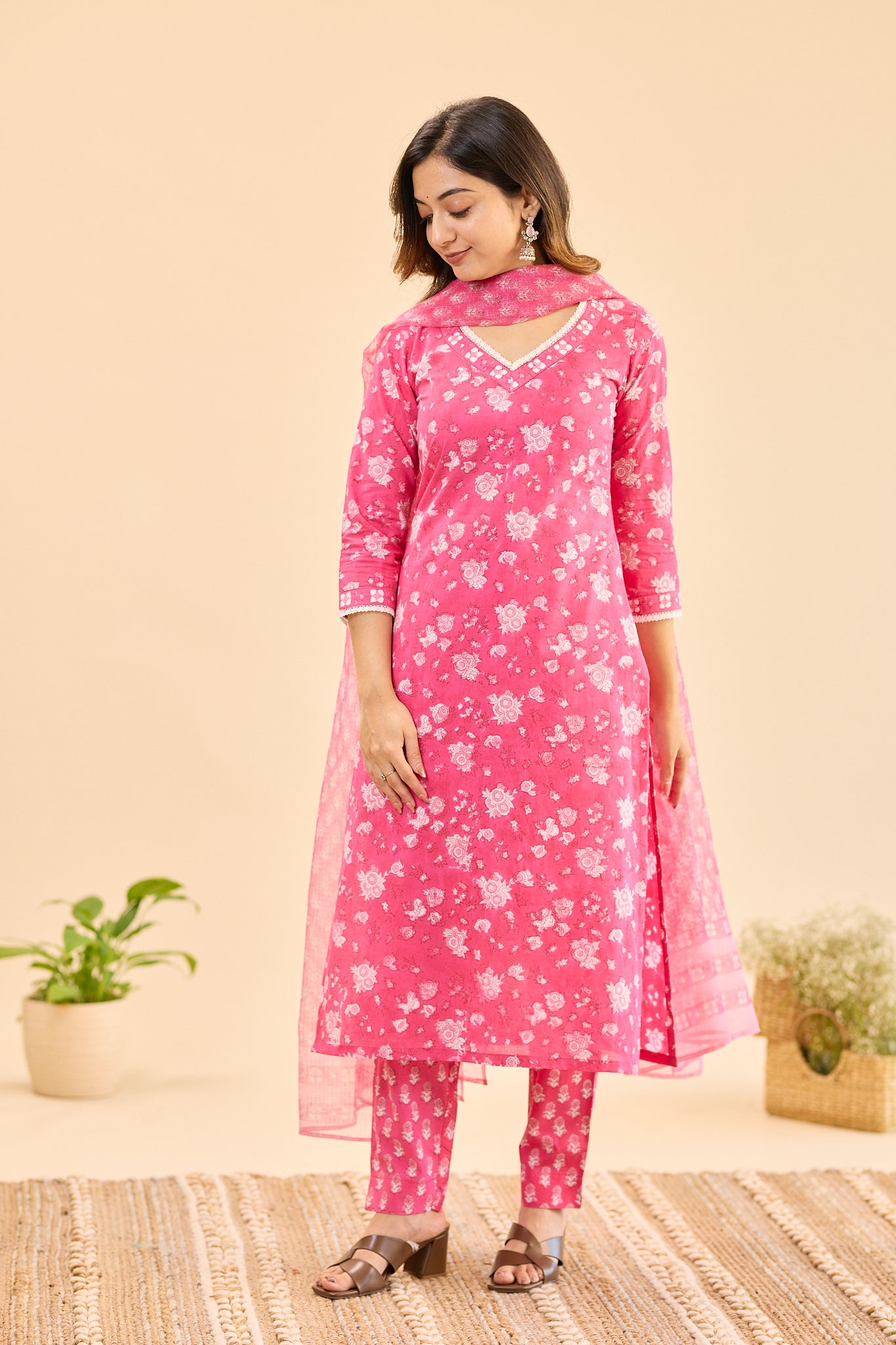 Candy Pink with White Floral Block Print Cotton Salwar Suit Set with Kota Dupatta