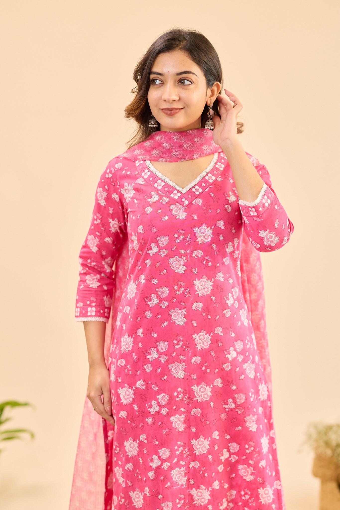 Candy Pink with White Floral Block Print Cotton Salwar Suit Set with Kota Dupatta