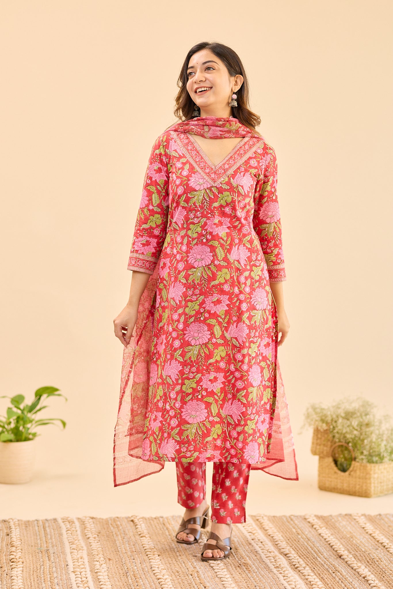 Candy Red with Pink floral Block Print Cotton  Salwar Suit Set with Kota Dupatta