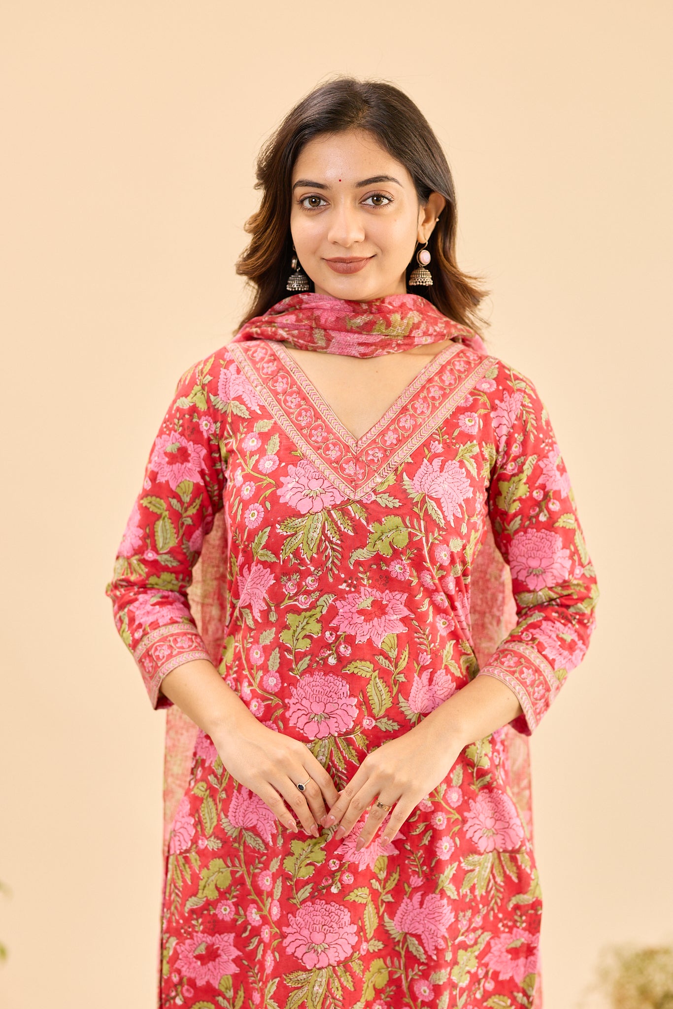 Candy Red with Pink floral Block Print Cotton  Salwar Suit Set with Kota Dupatta