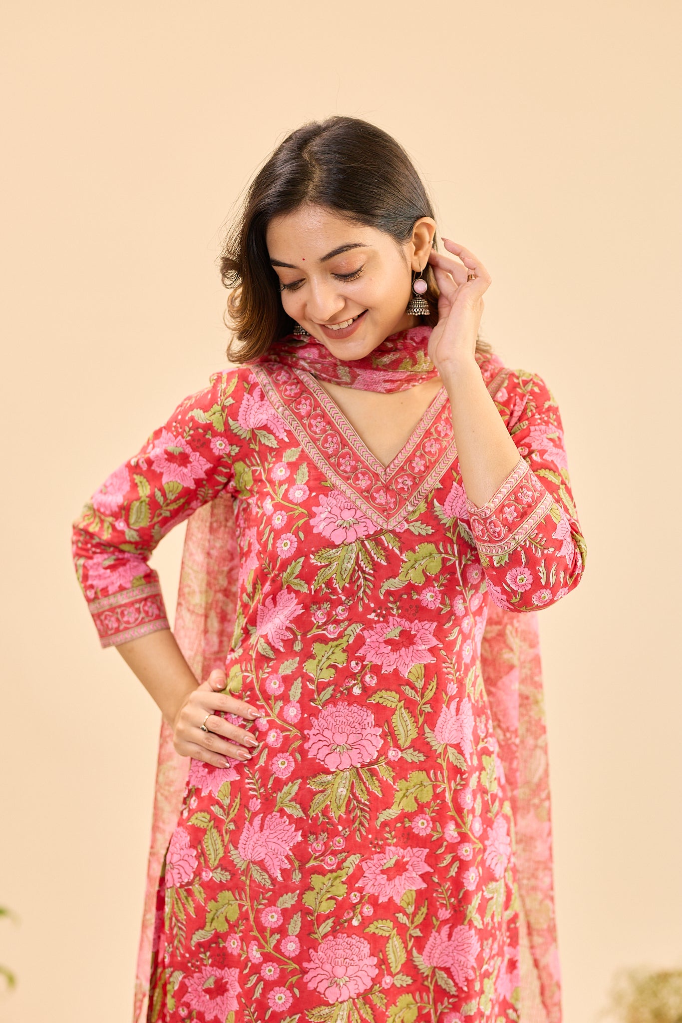 Candy Red with Pink floral Block Print Cotton  Salwar Suit Set with Kota Dupatta