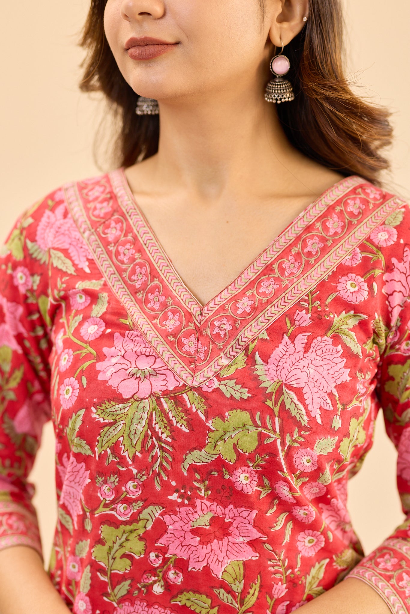 Candy Red with Pink floral Block Print Cotton  Salwar Suit Set with Kota Dupatta
