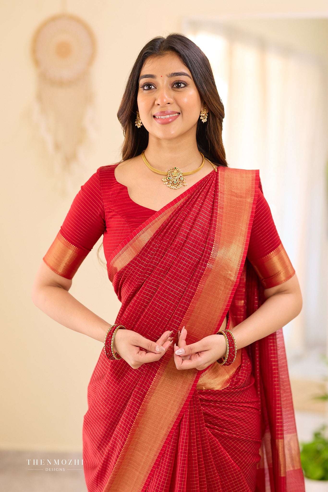Carmine Red Checked Maheshwari silk cotton saree