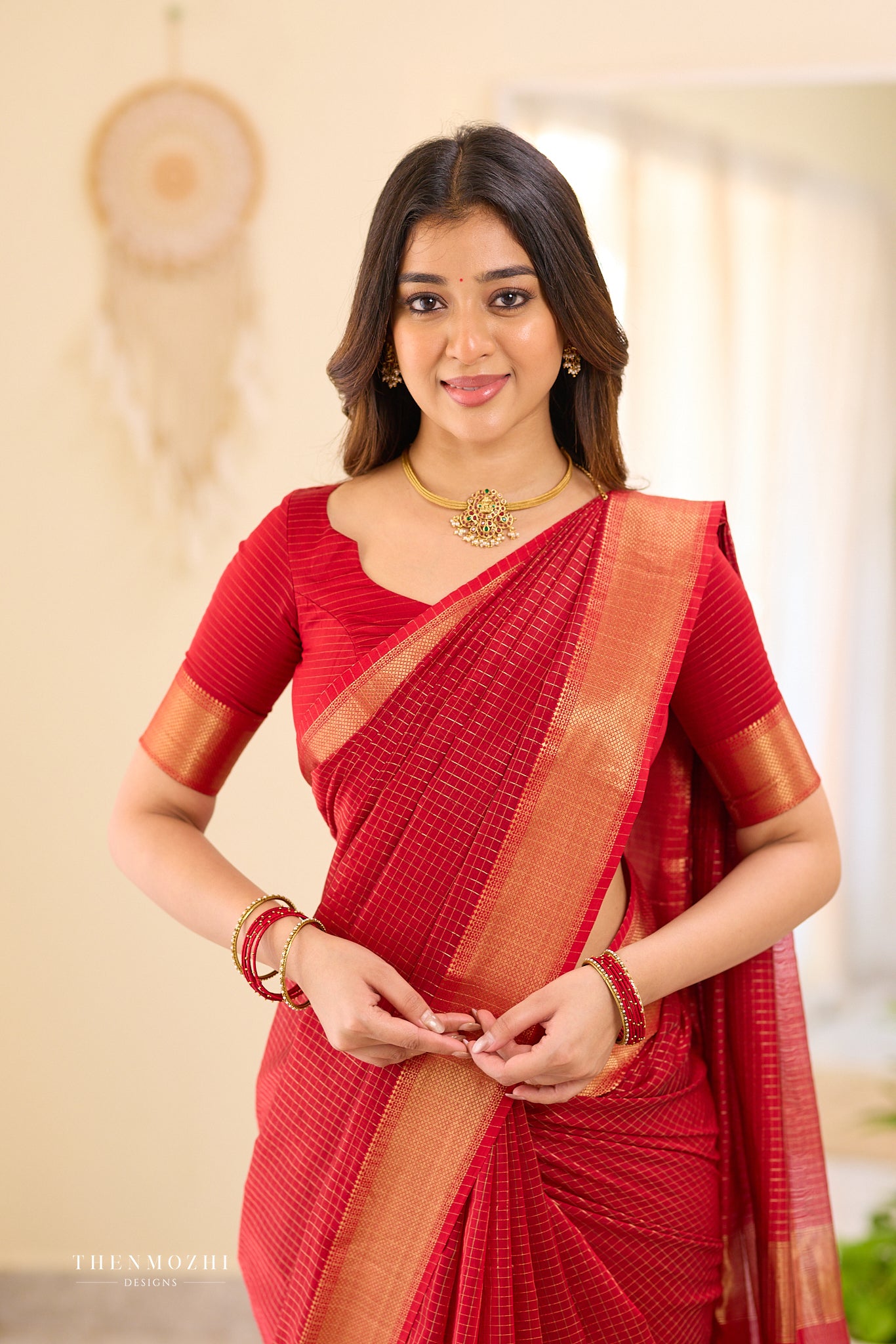 Carmine Red Checked Maheshwari silk cotton saree