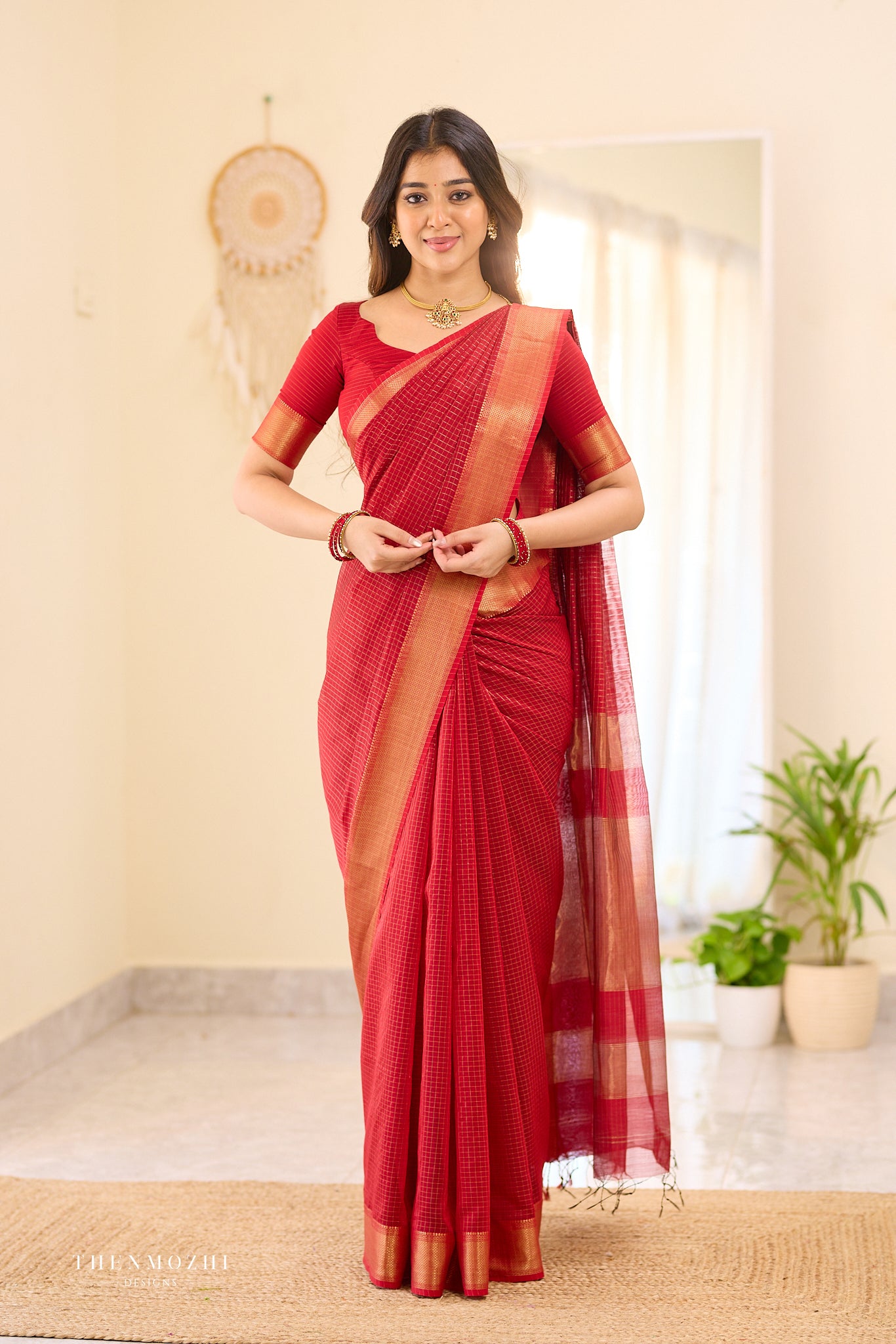 Carmine Red Checked Maheshwari silk cotton saree