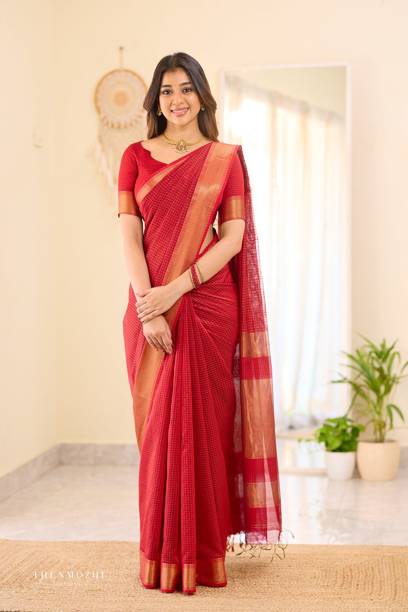 Carmine Red Checked Maheshwari silk cotton saree