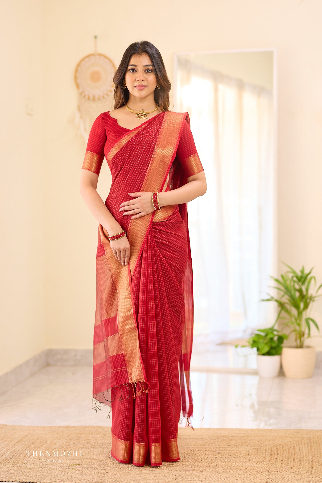 Carmine Red Checked Maheshwari silk cotton saree