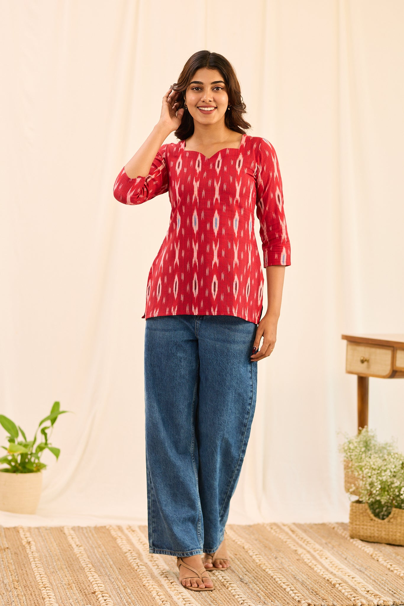 Cherry Red with White Ikkat  Printed Cotton Short Kurti
