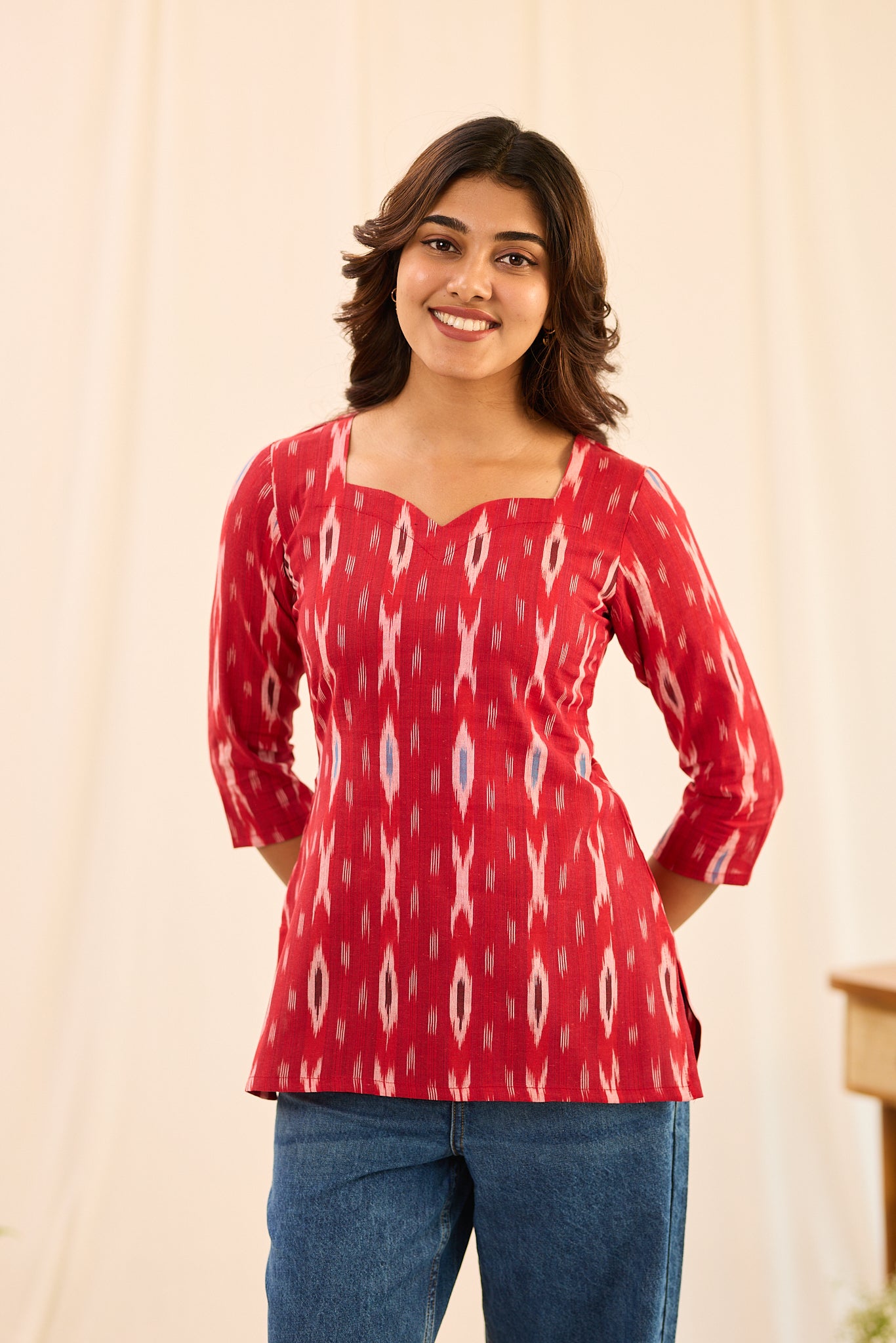 Cherry Red with White Ikkat  Printed Cotton Short Kurti