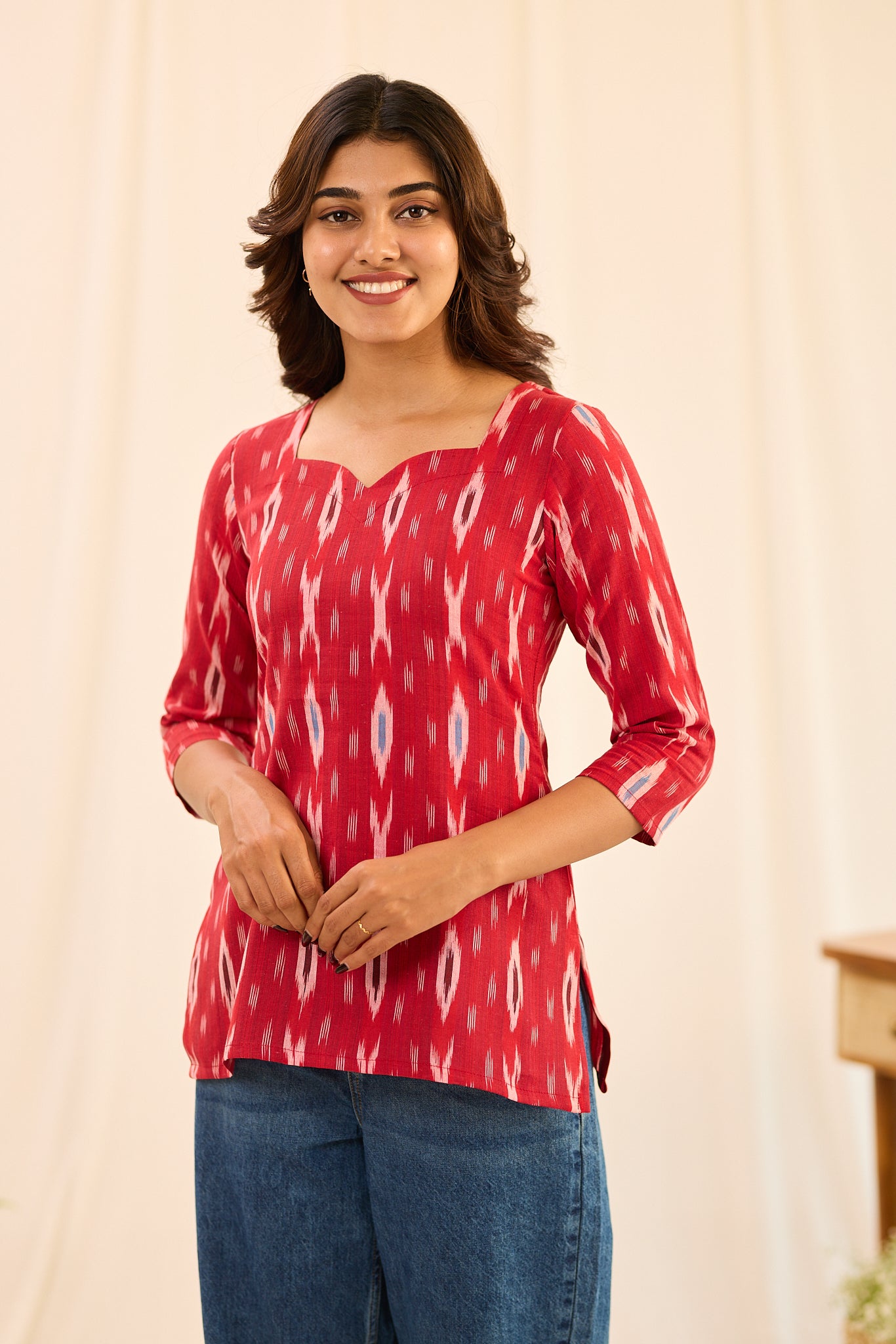 Cherry Red with White Ikkat  Printed Cotton Short Kurti