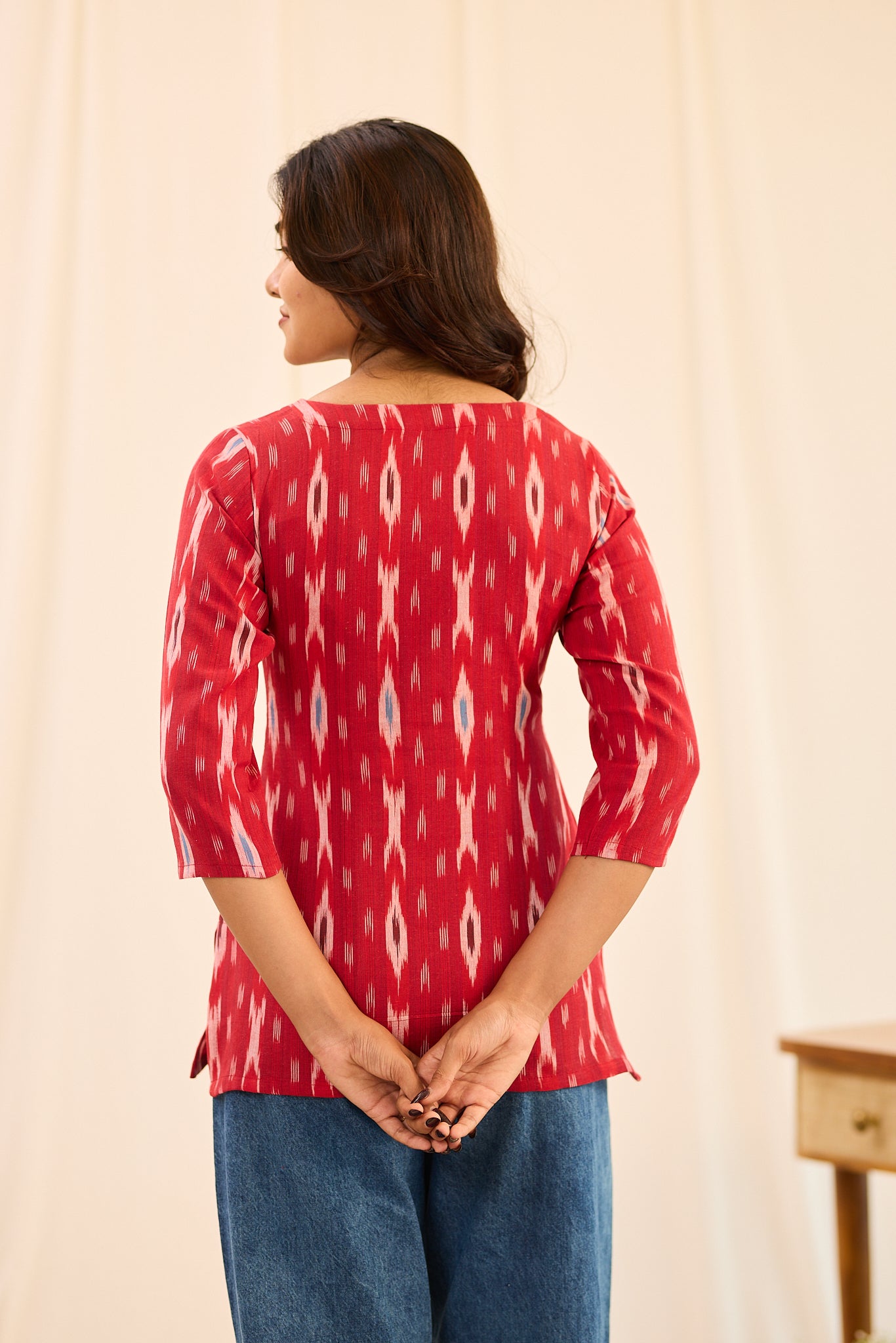 Cherry Red with White Ikkat  Printed Cotton Short Kurti