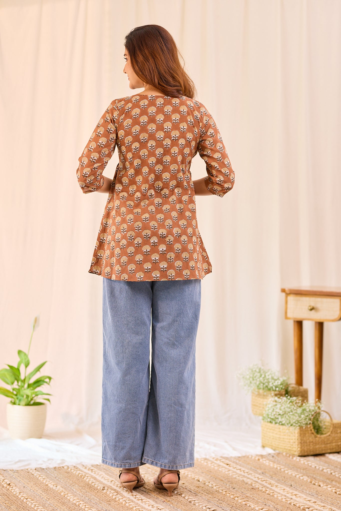 Cinnamon Brown Printed Cotton Short Kurti