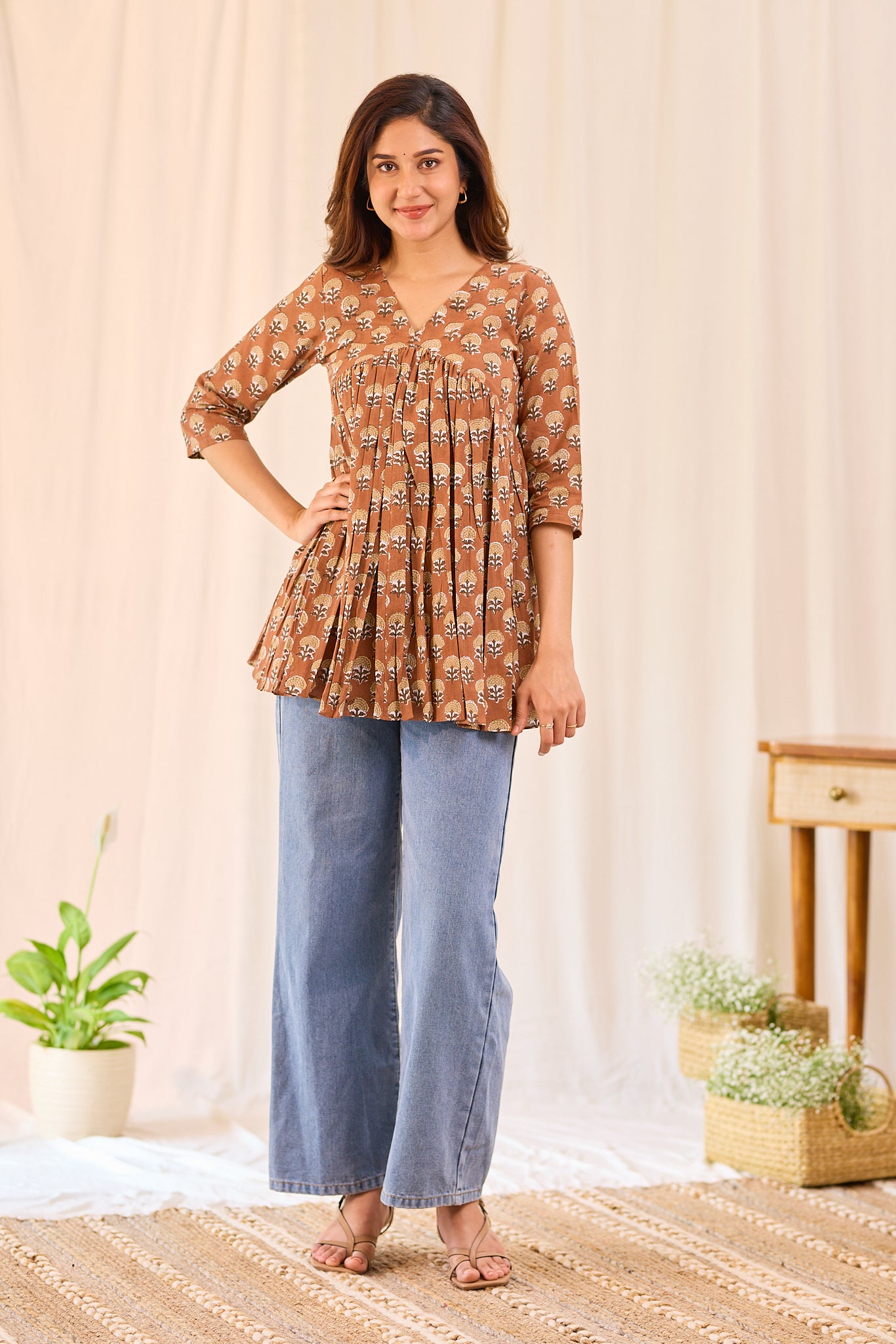 Cinnamon Brown Printed Cotton Short Kurti