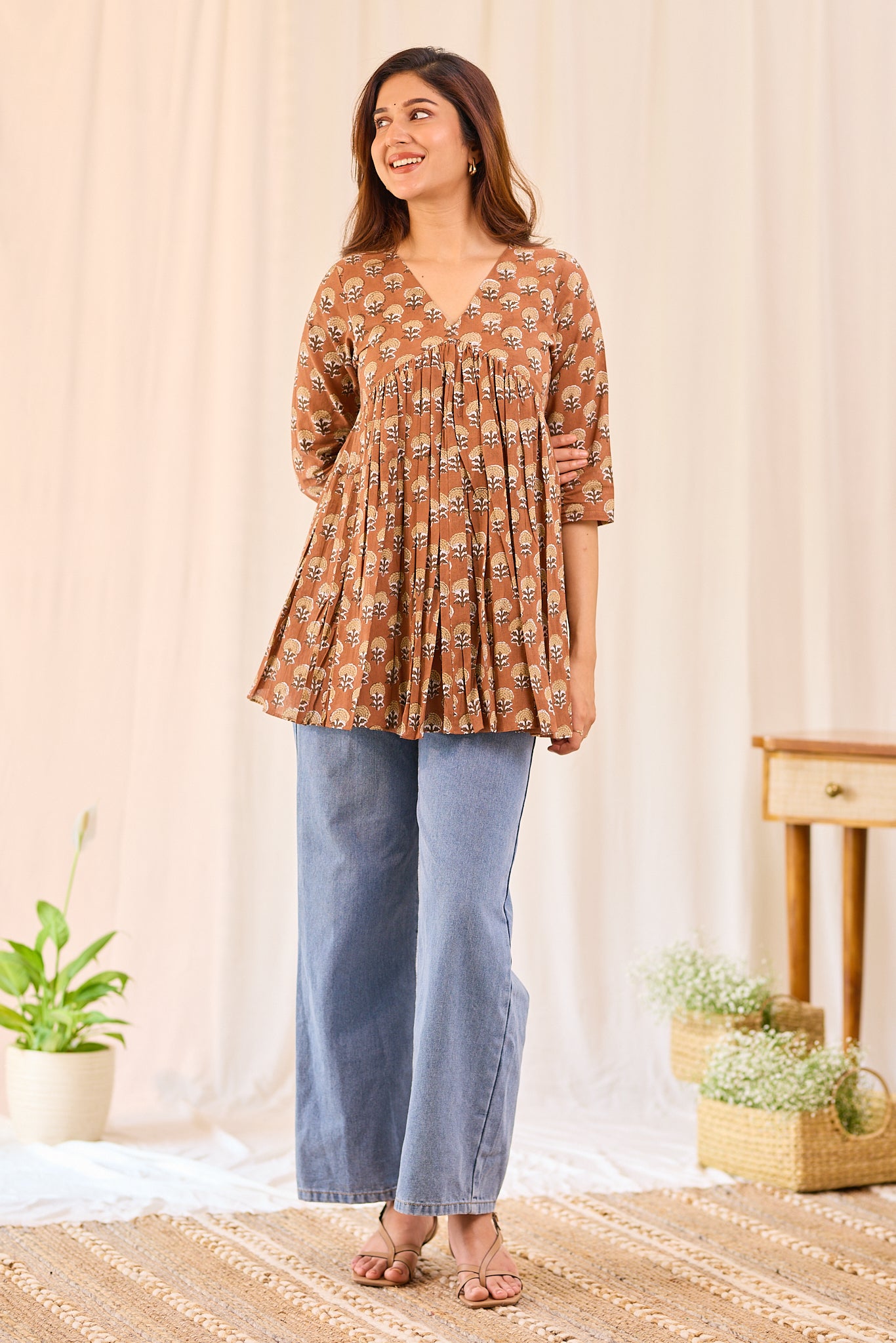 Cinnamon Brown Printed Cotton Short Kurti