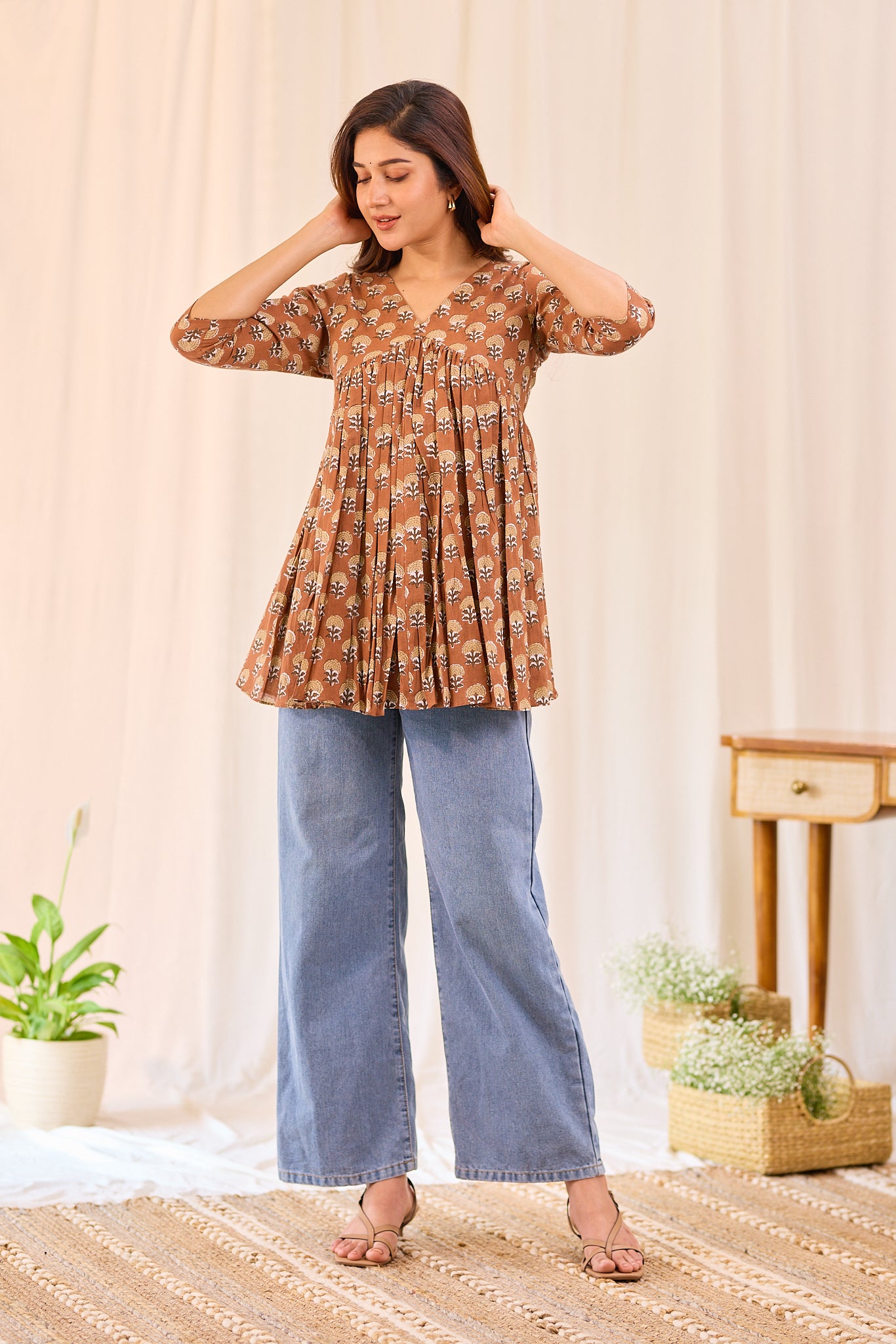 Cinnamon Brown Printed Cotton Short Kurti