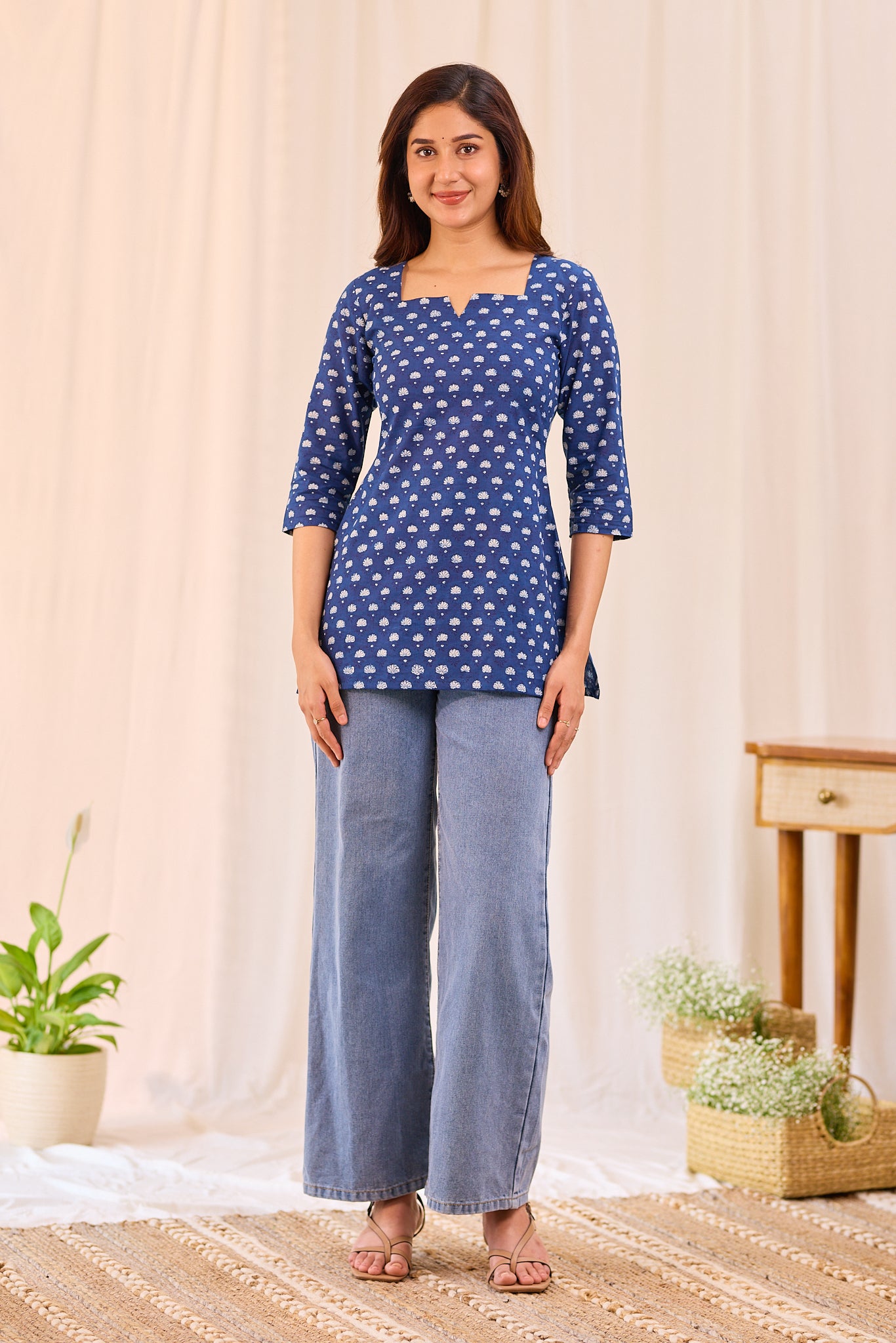 Classic Indigo Blue Printed Cotton Short Kurti