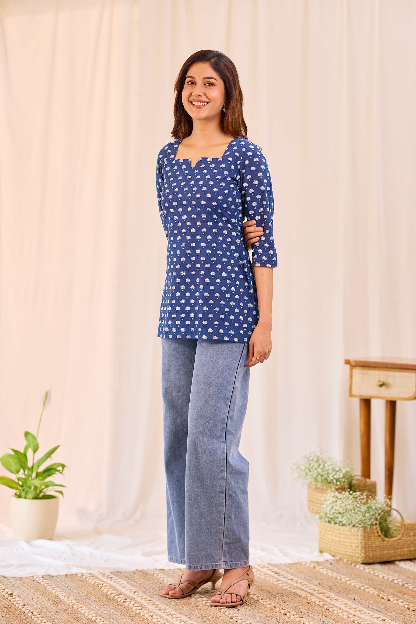 Classic Indigo Blue Printed Cotton Short Kurti