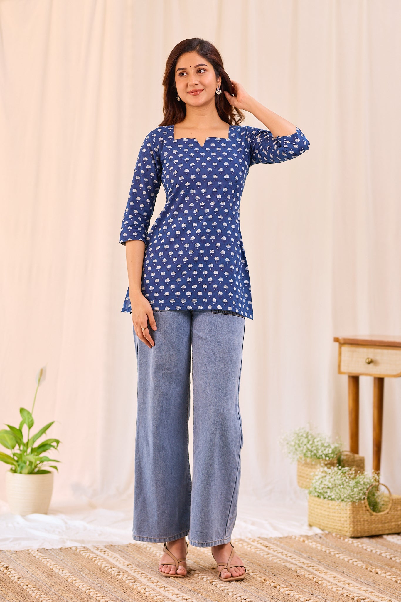 Classic Indigo Blue Printed Cotton Short Kurti