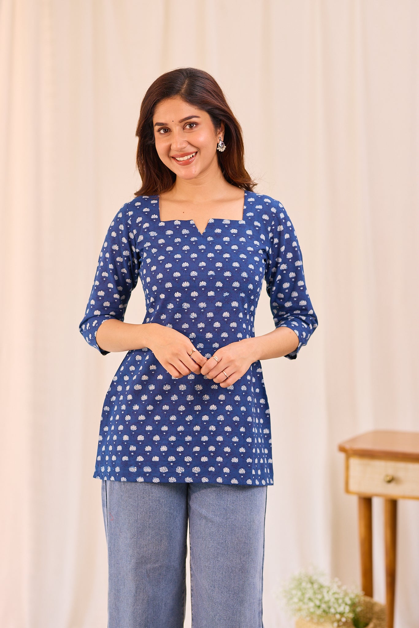 Classic Indigo Blue Printed Cotton Short Kurti