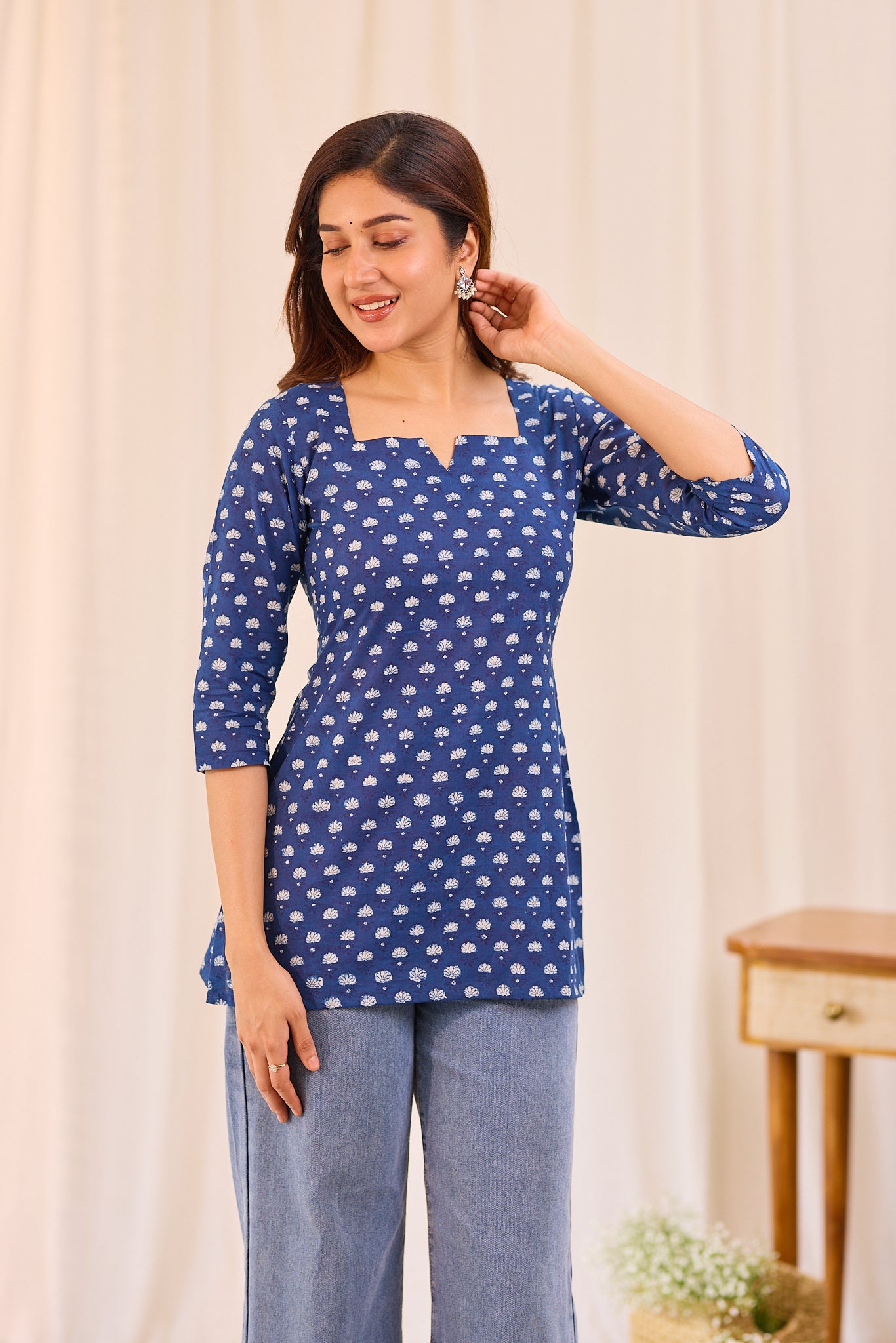 Classic Indigo Blue Printed Cotton Short Kurti