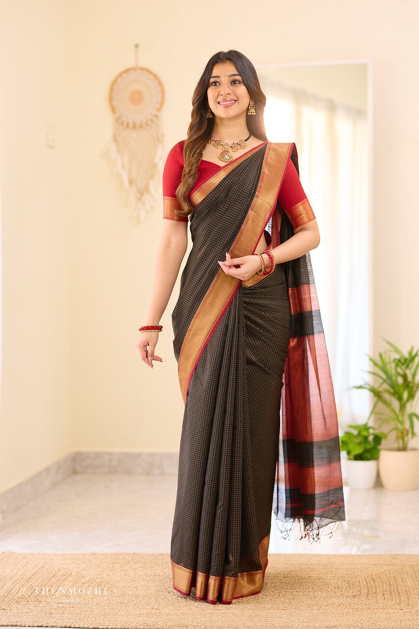 Coal- Black Checked Maheshwari silk cotton saree