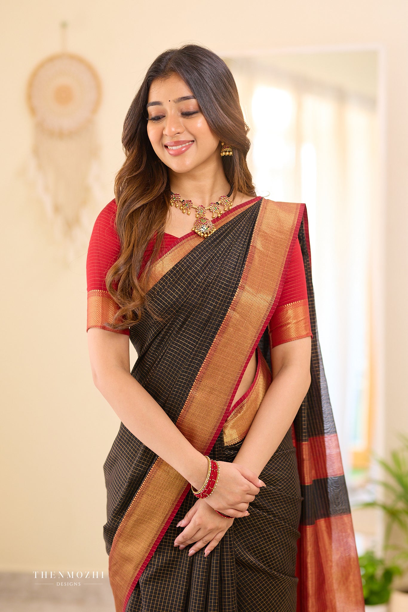 Coal- Black Checked Maheshwari silk cotton saree