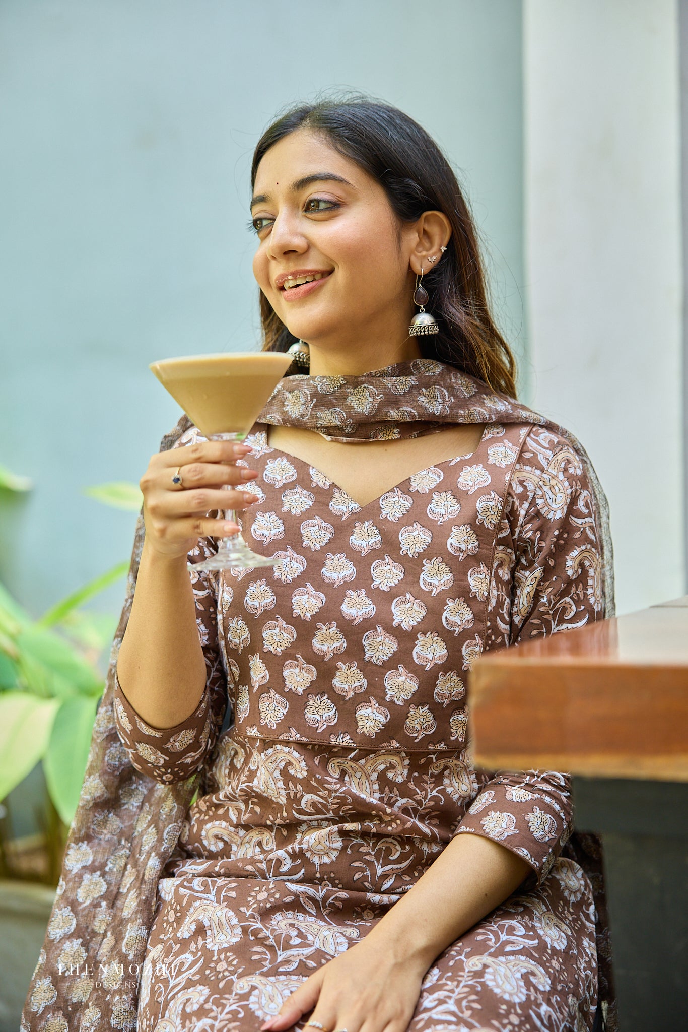 Cocoa Brown Floral Block Printed Cotton Suit Set with Kota Dupatta