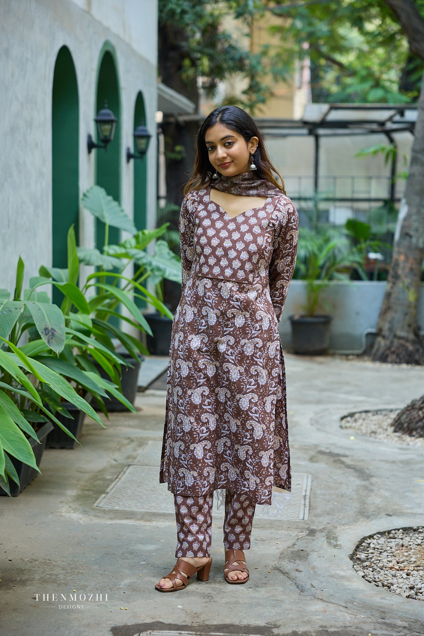 Cocoa Brown Floral Block Printed Cotton Suit Set with Kota Dupatta