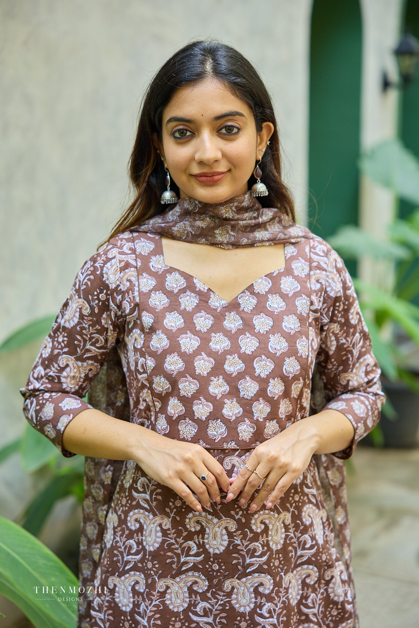 Cocoa Brown Floral Block Printed Cotton Suit Set with Kota Dupatta