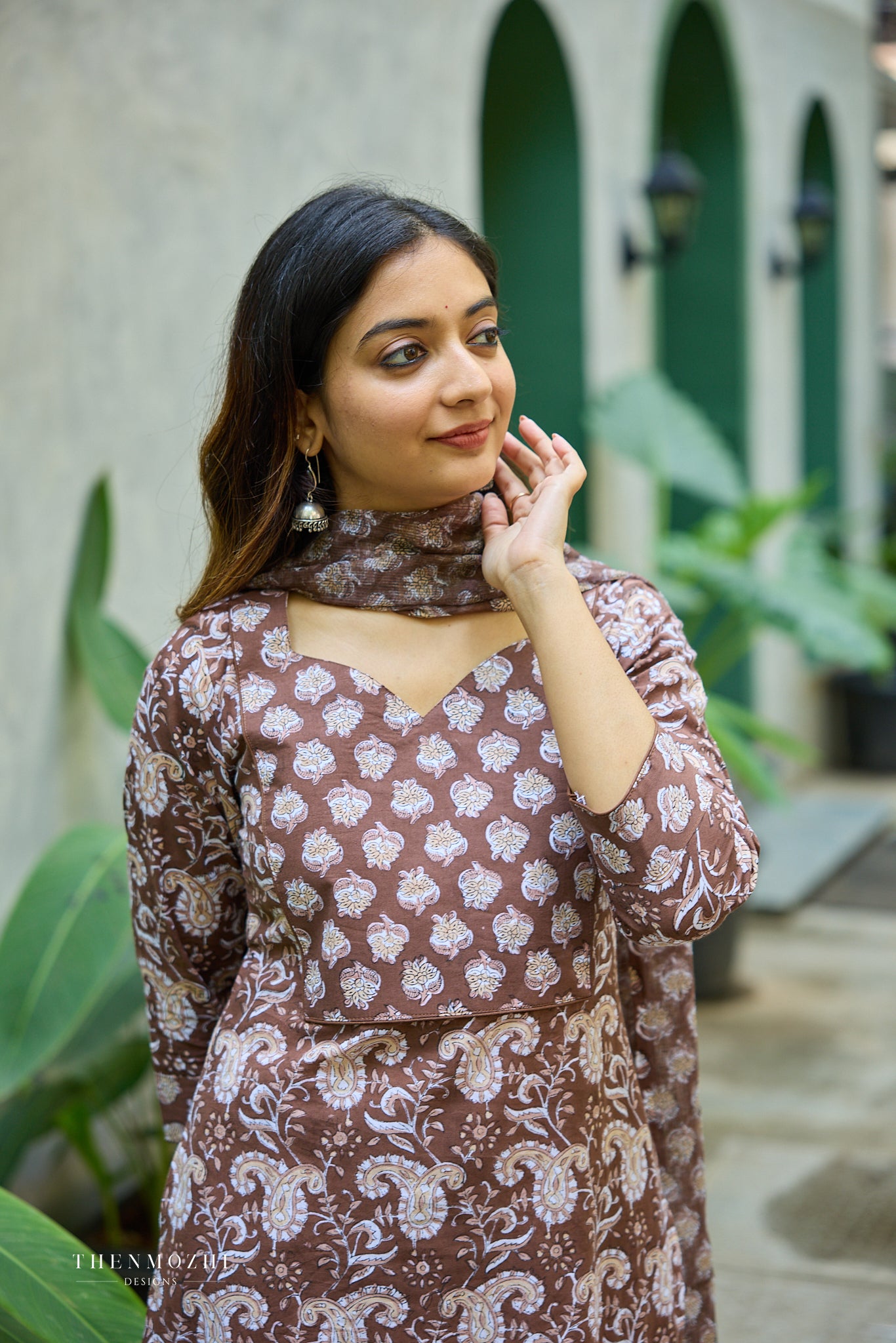 Cocoa Brown Floral Block Printed Cotton Suit Set with Kota Dupatta