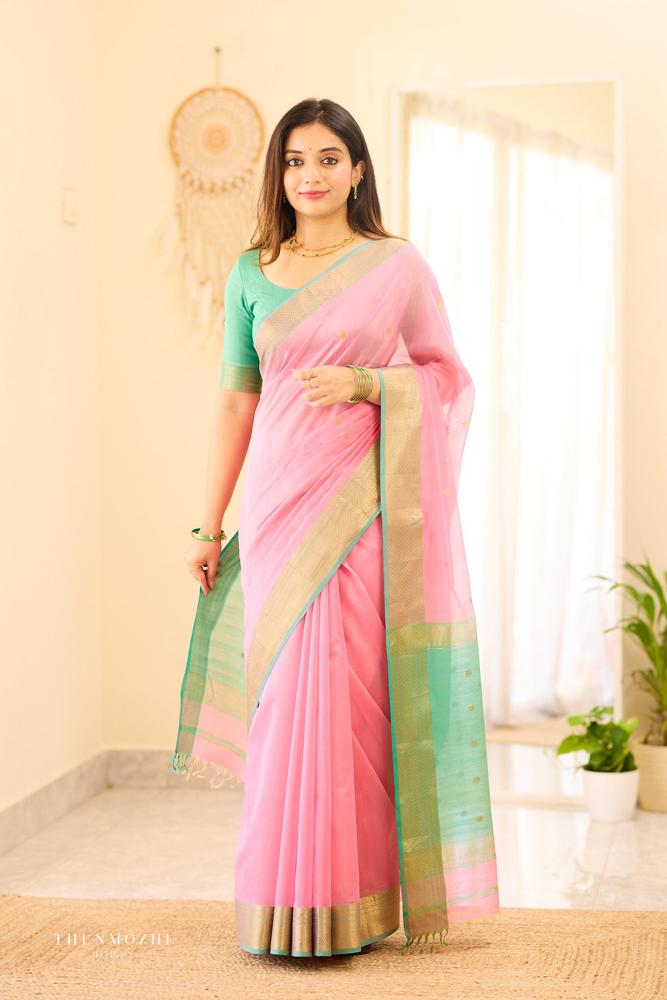 Coral Pink Maheshwari silk cotton saree