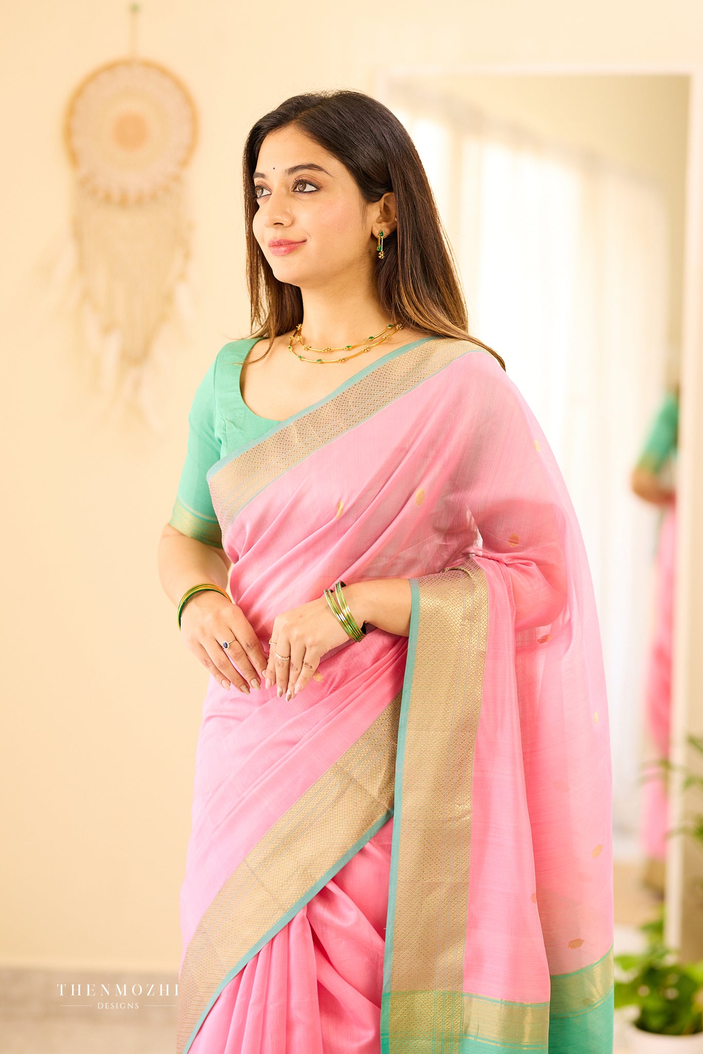 Coral Pink Maheshwari silk cotton saree