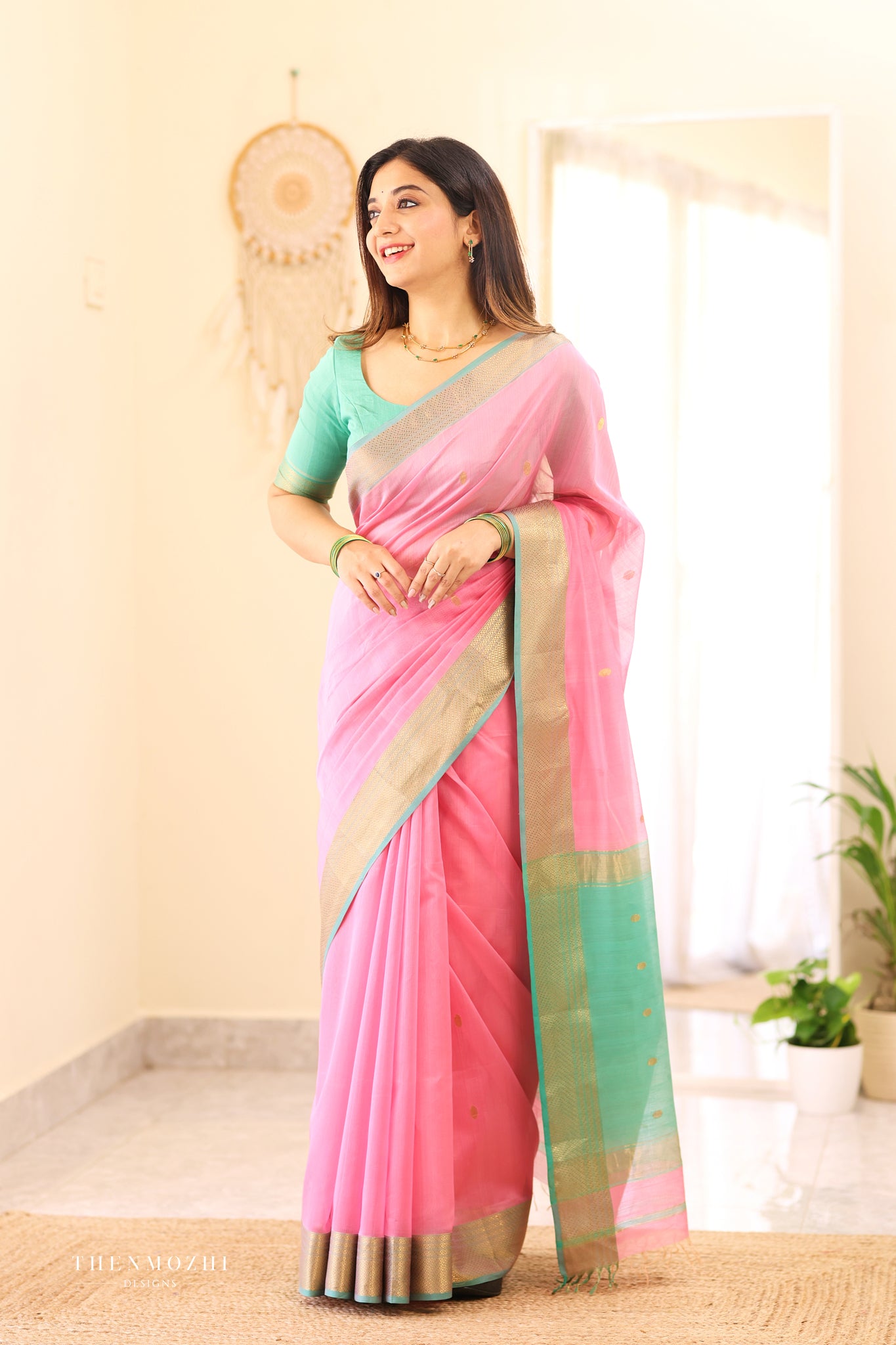Coral Pink Maheshwari silk cotton saree