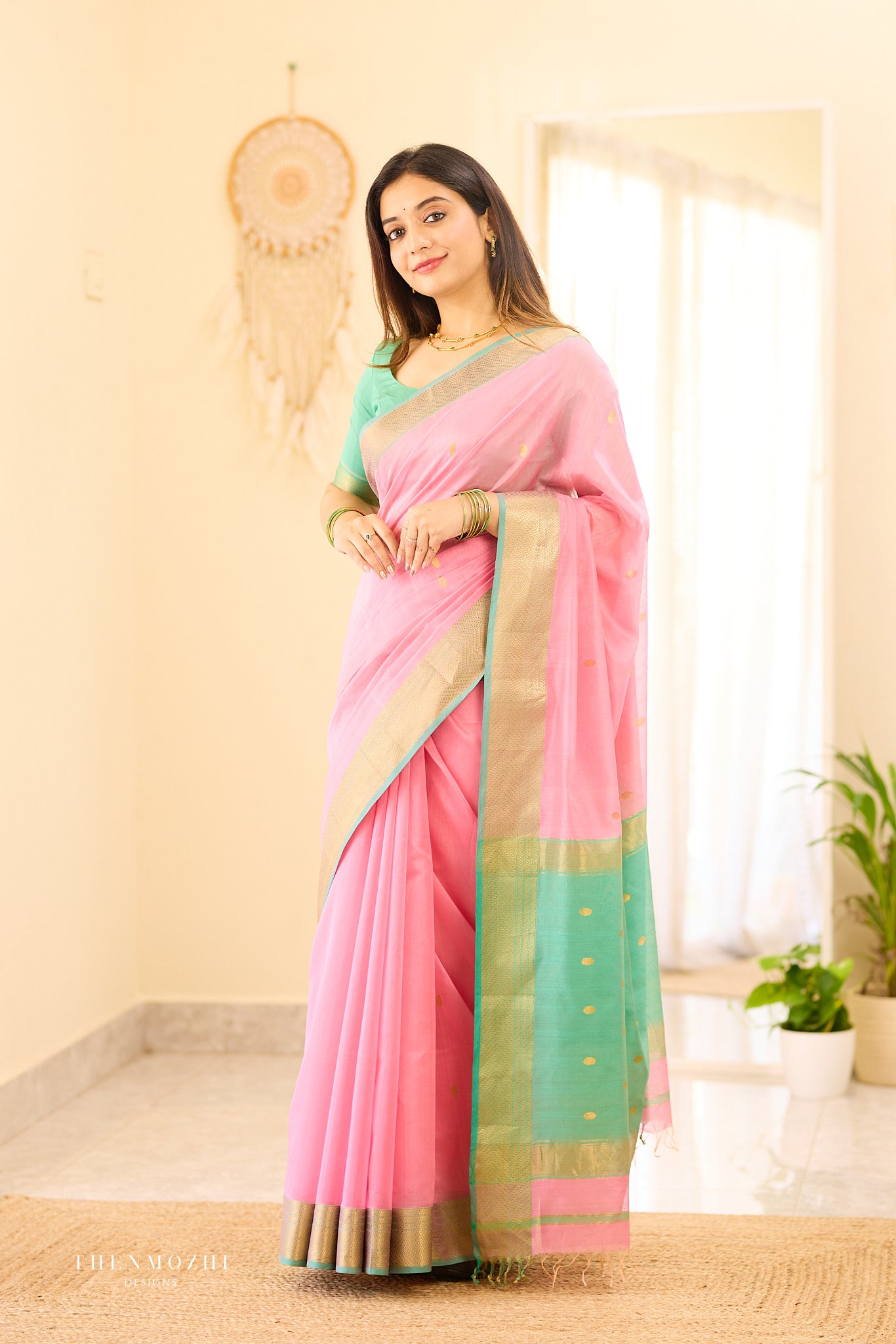 Coral Pink Maheshwari silk cotton saree
