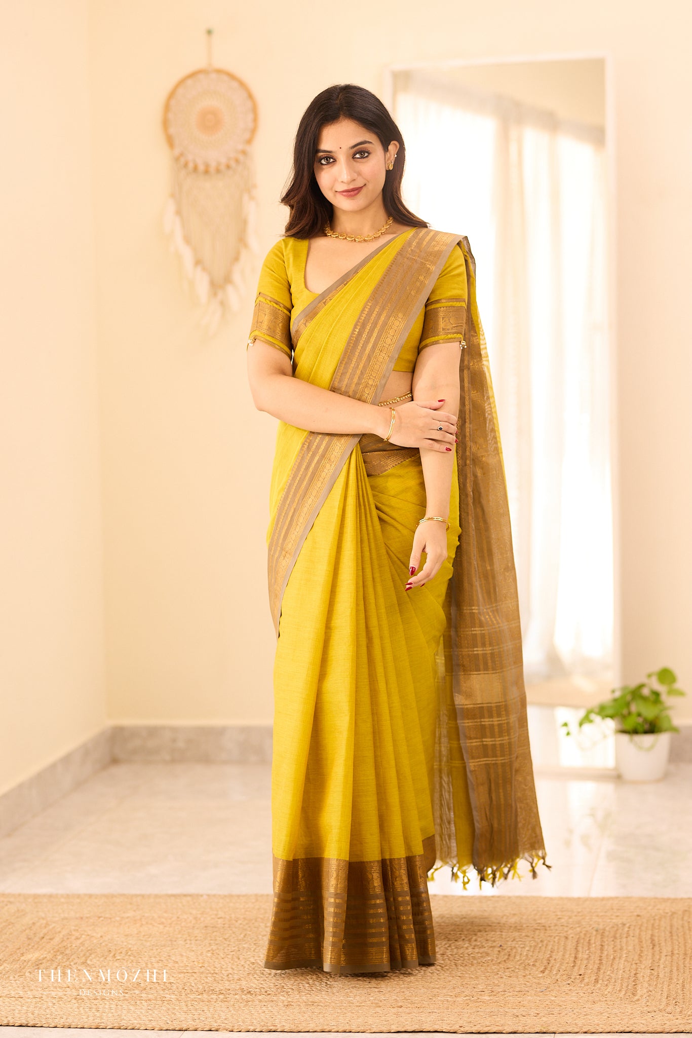 Corn Yellow Chettinad Cotton Saree with Grey Zari Border