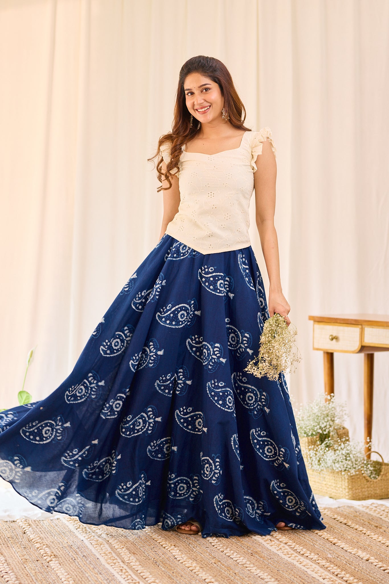 Classic Indigo Floral Hand- Block Printed Skirt