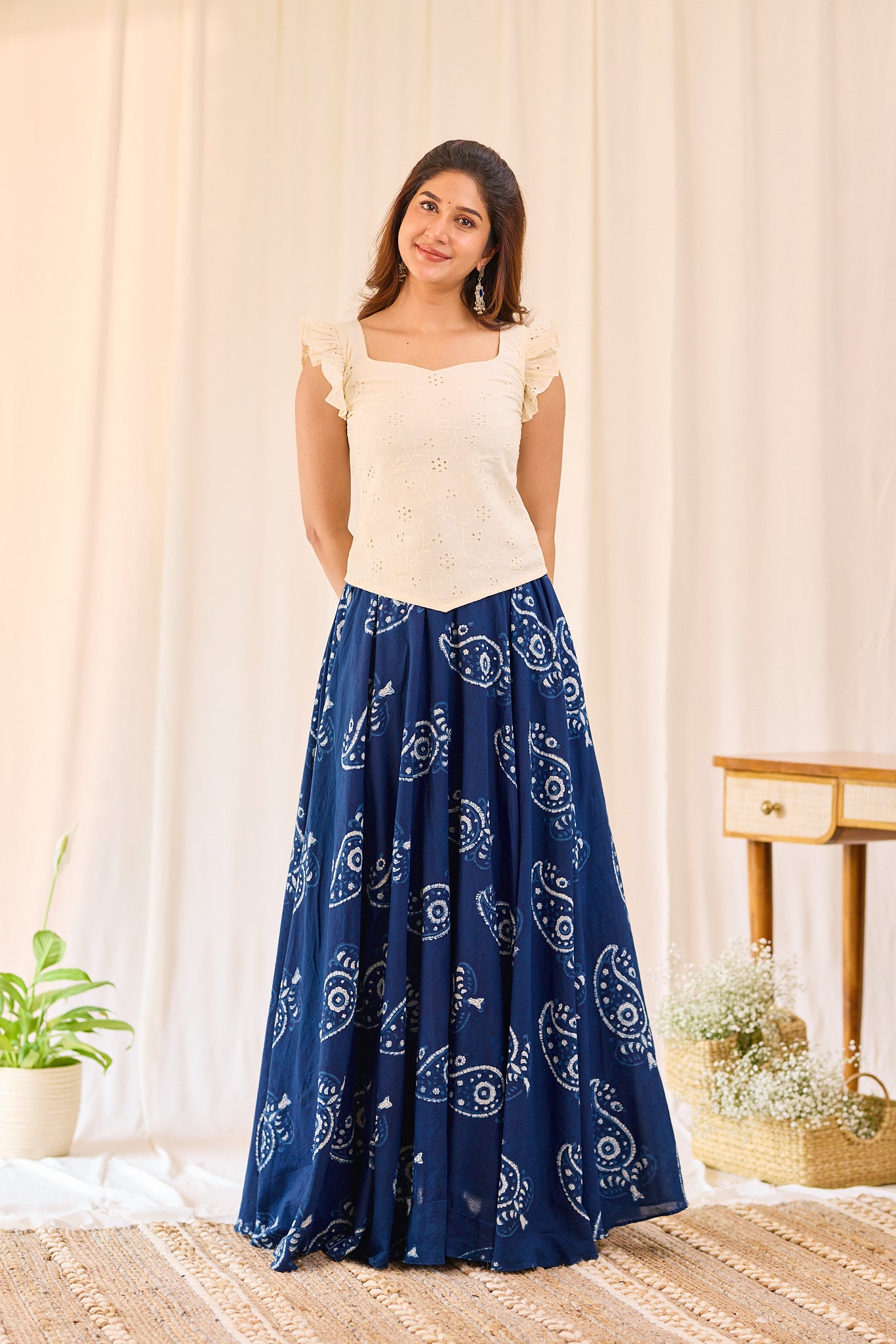 Classic Indigo Floral Hand- Block Printed Skirt