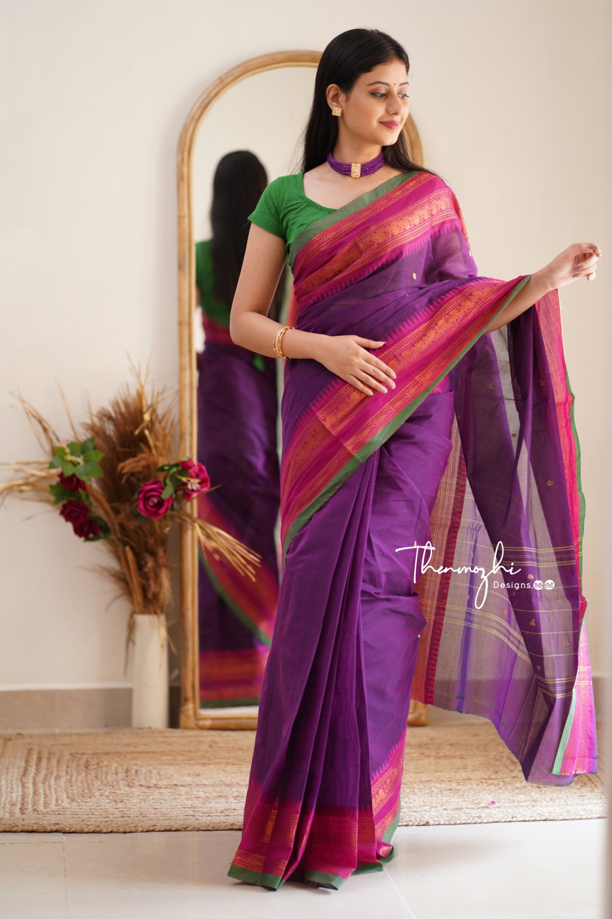 Blue Semi Silk Sarees With Big Purple Border