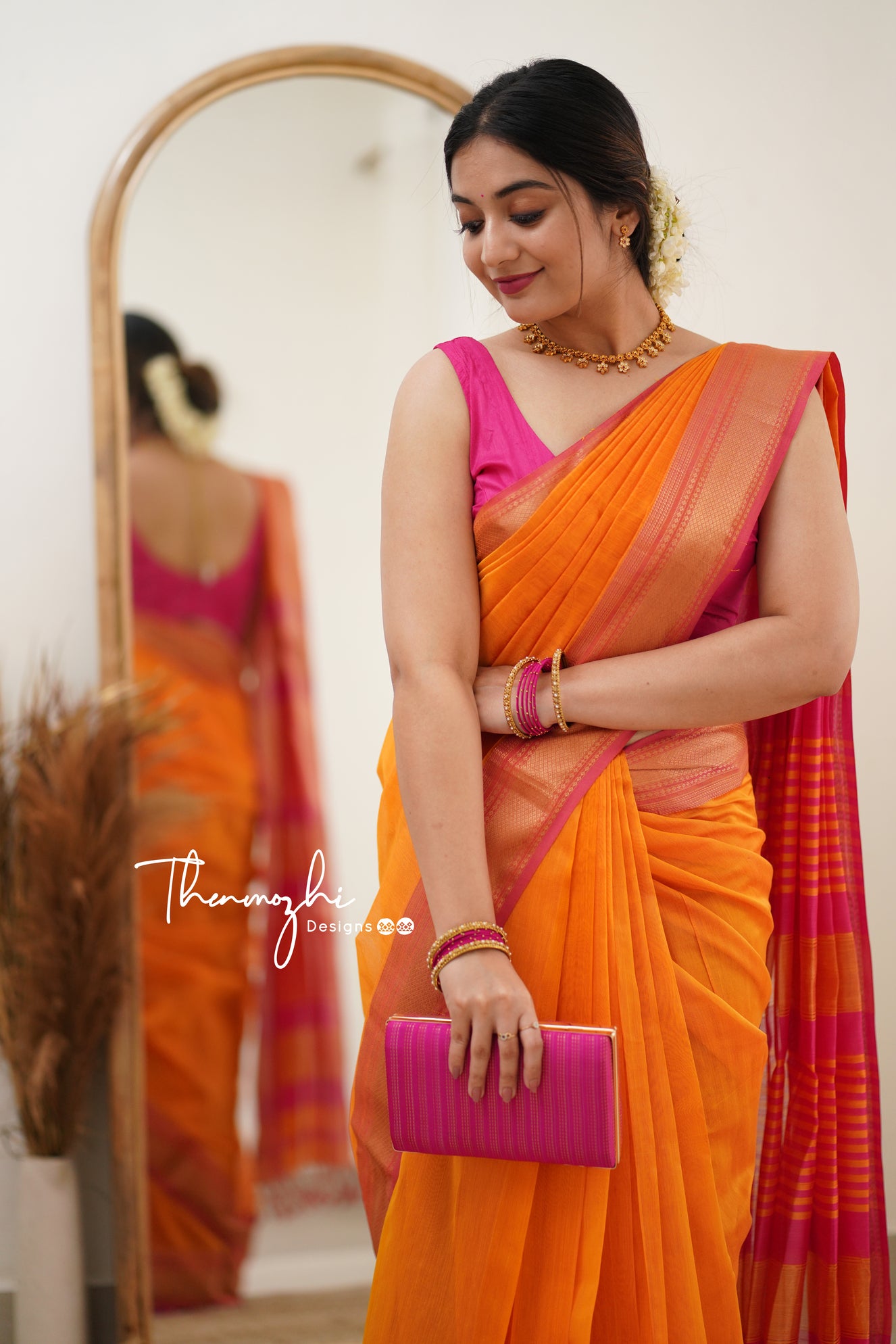 Diva (Orange) - Maheshwari Silk Handloom Cotton Saree