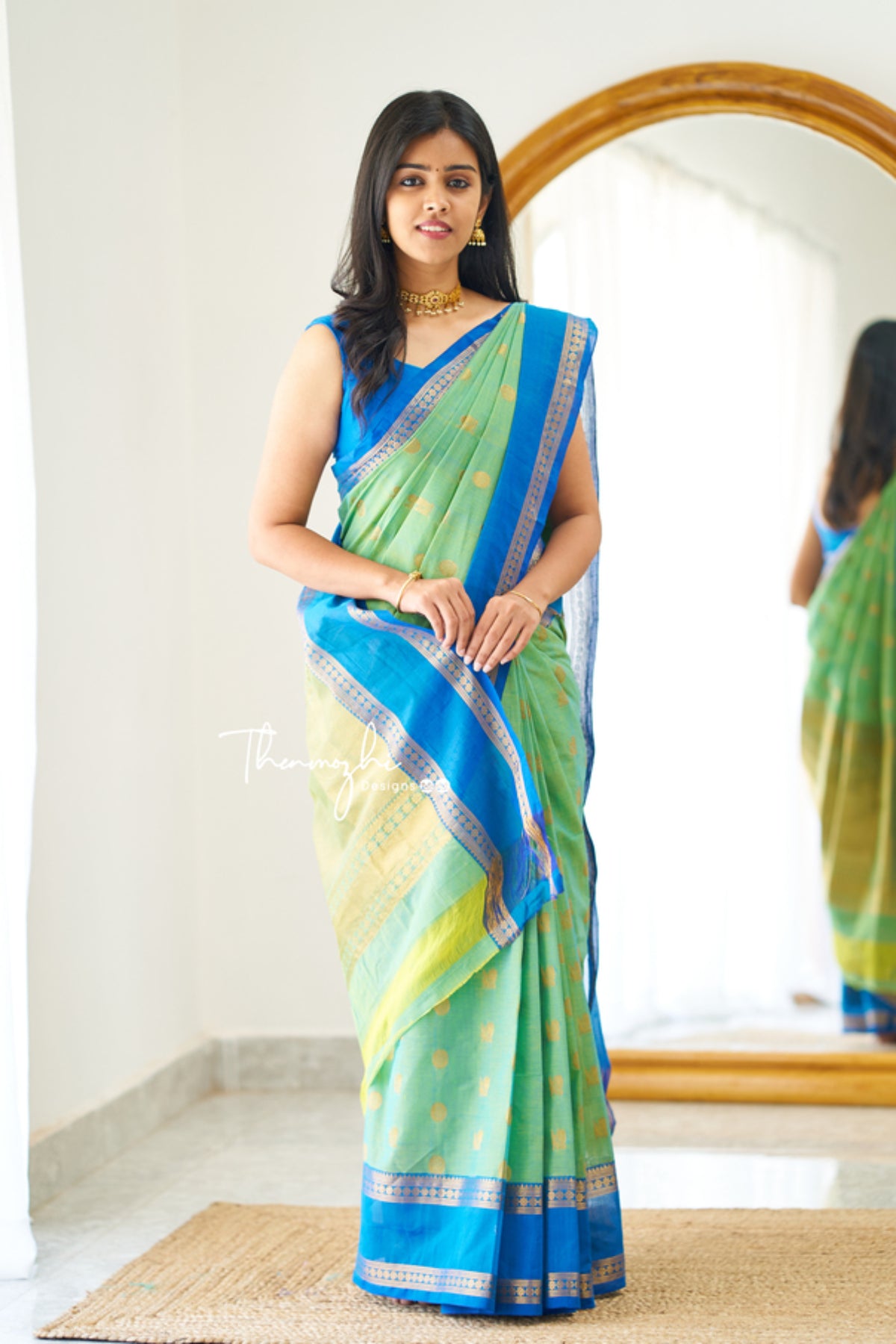 Buy Chettinad Cotton Light Green Saree With Blue Border