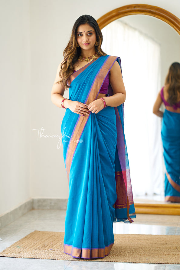 Stunning Sky Blue Colour Saree With Purple Border & Heavy Brocade Blouse  Banarasi Beautiful Zari Work In Form Of Traditional Motifs Soft Silk Saree