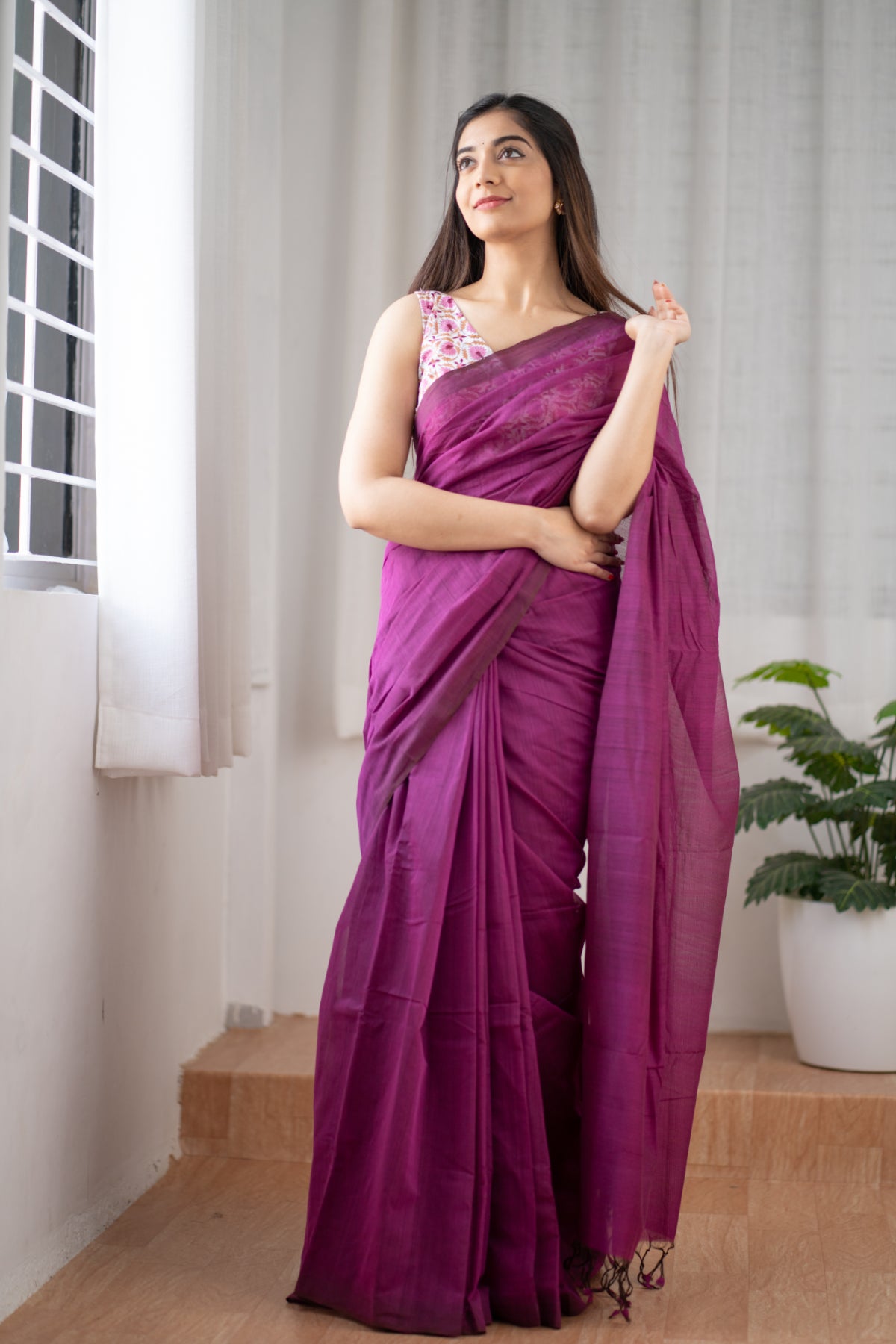 Buy Beautiful Cotton Silk Saree In Royal Pink Raspberry Color