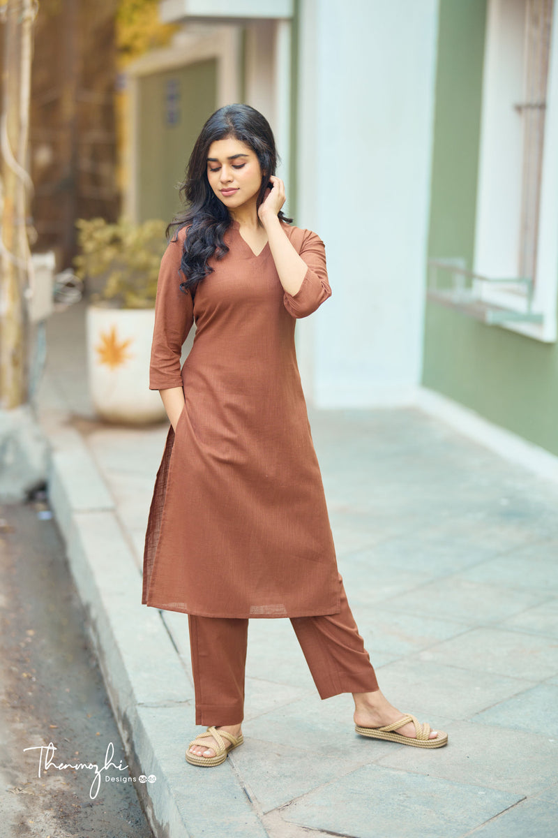 Brown Color Motif Viscose Rayon Co-ord Set main image 1