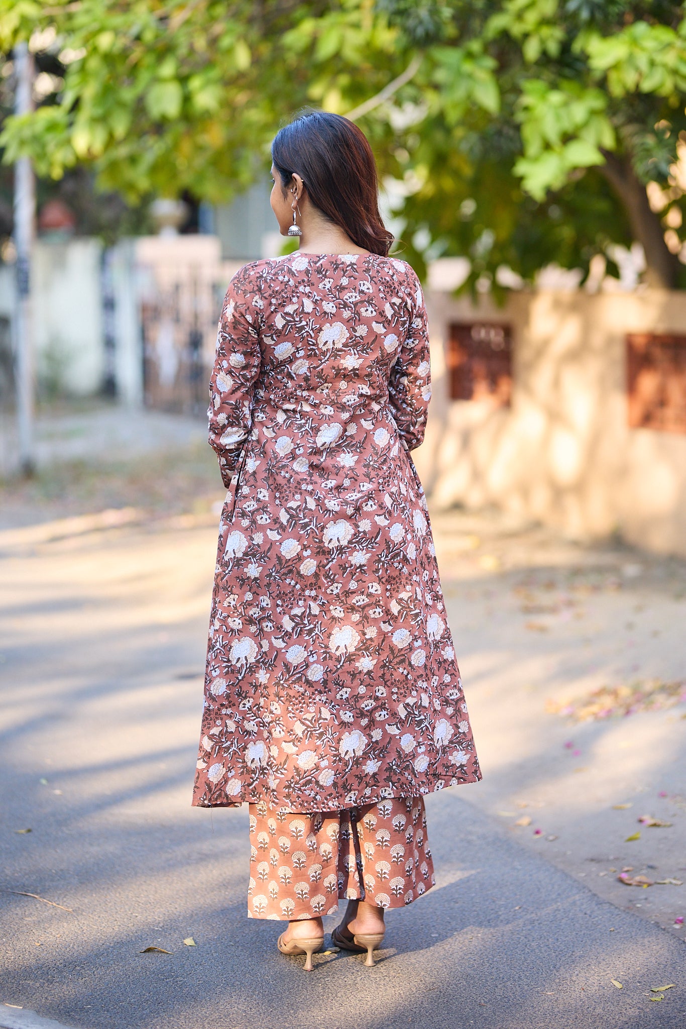Dark Caramel Floral Block Printed Alia Cut Cotton salwar Suit  with Kota Dupatta