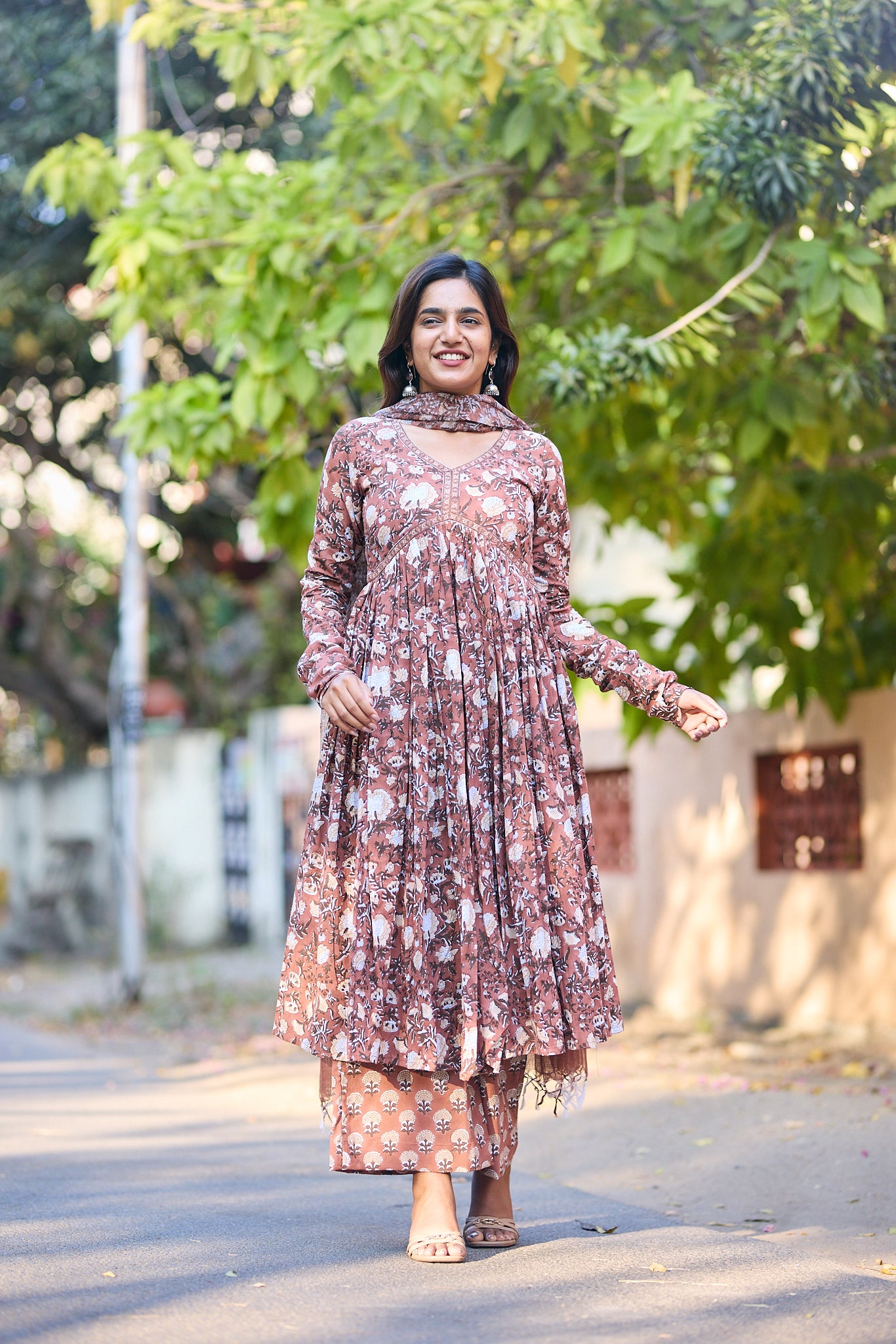 Dark Caramel Floral Block Printed Alia Cut Cotton salwar Suit  with Kota Dupatta