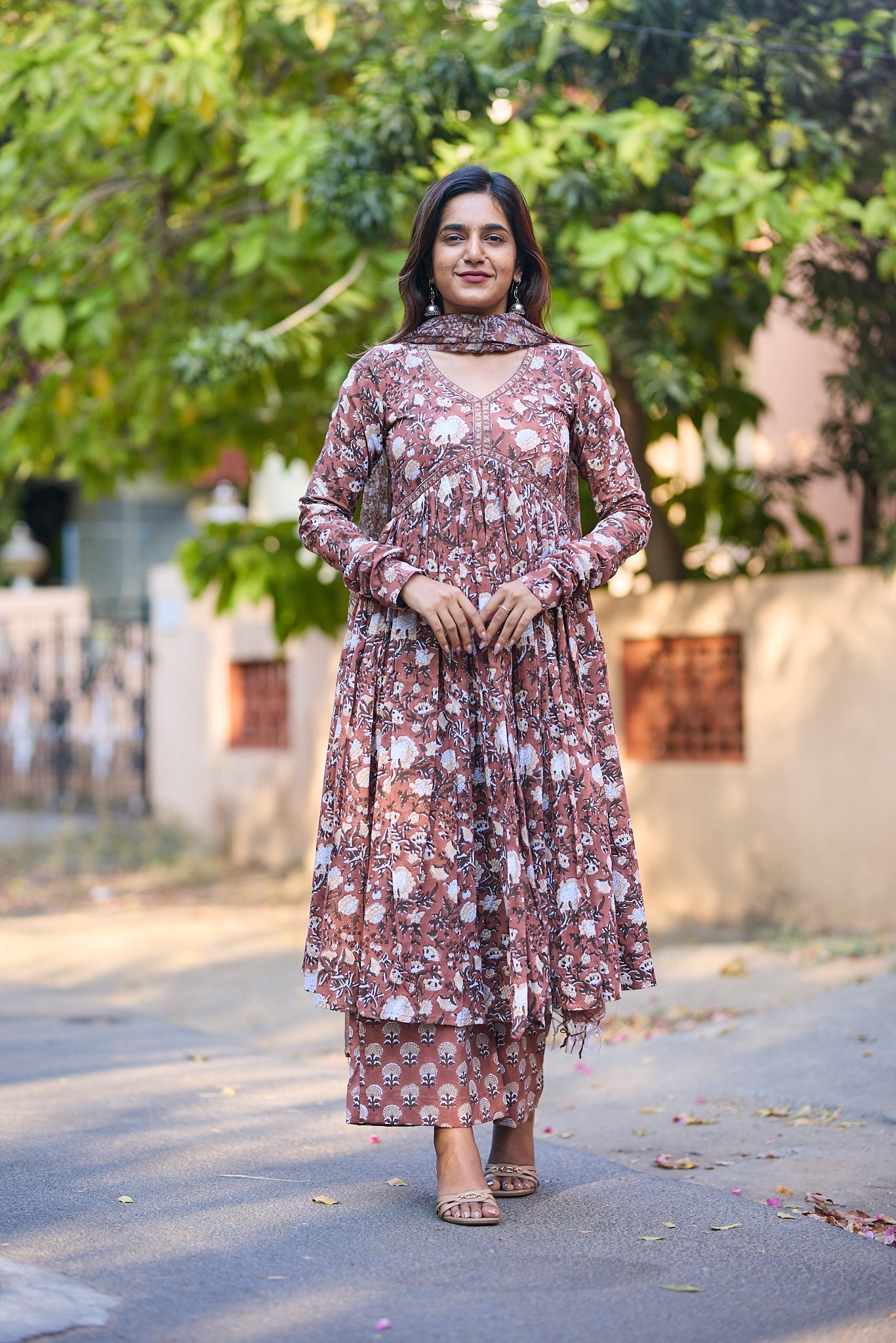 Dark Caramel Floral Block Printed Alia Cut Cotton salwar Suit  with Kota Dupatta
