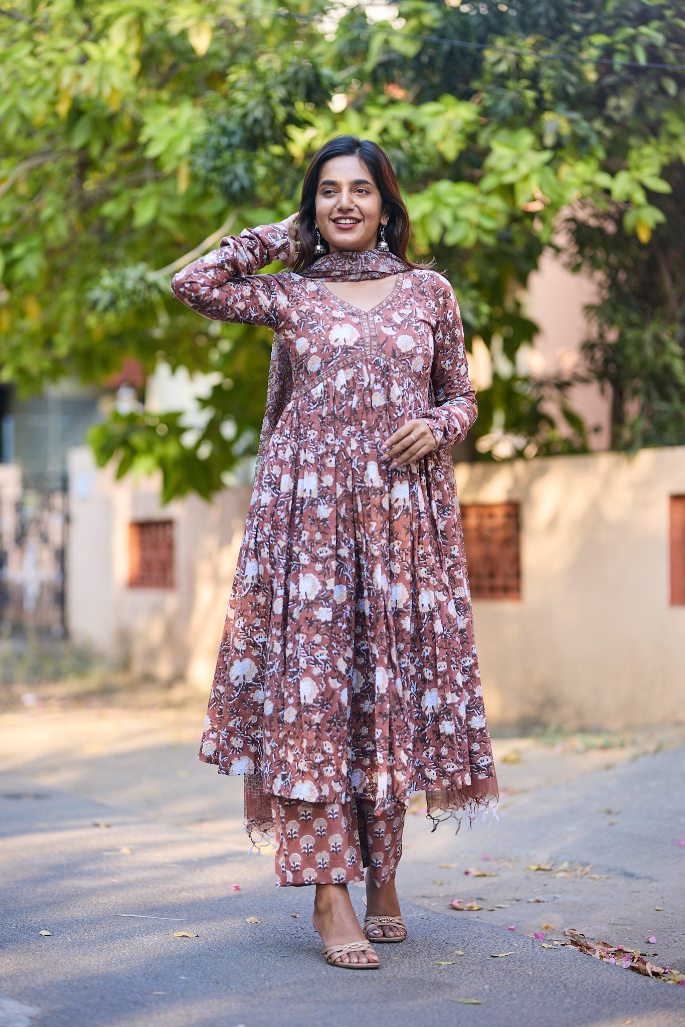 Dark Caramel Floral Block Printed Alia Cut Cotton salwar Suit  with Kota Dupatta