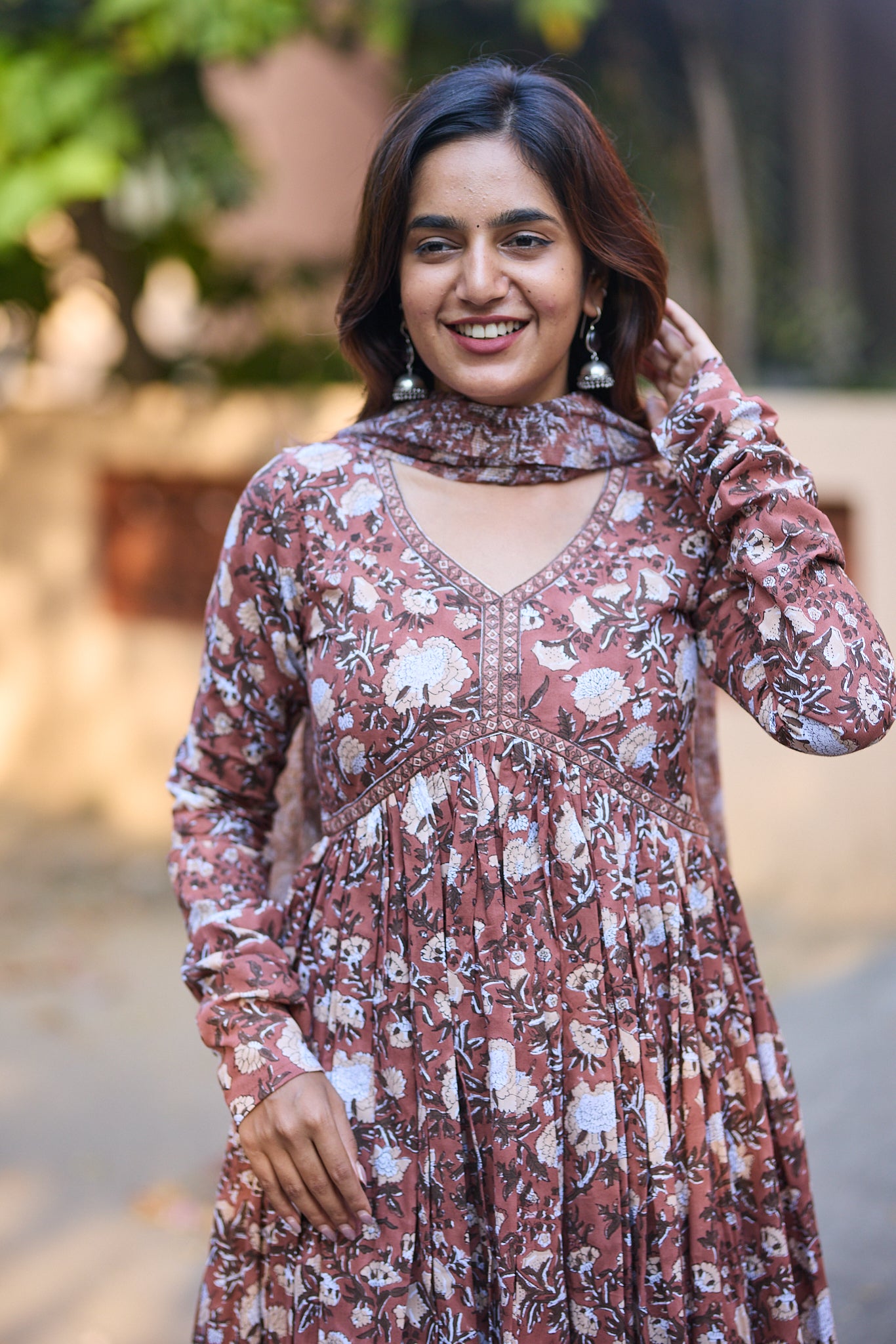 Dark Caramel Floral Block Printed Alia Cut Cotton salwar Suit  with Kota Dupatta