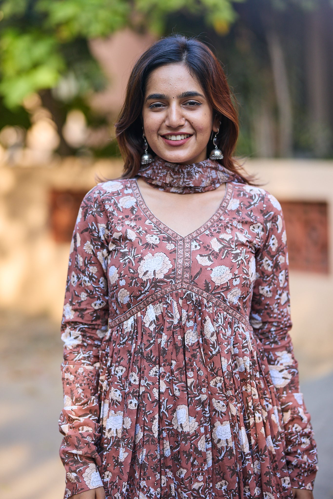 Dark Caramel Floral Block Printed Alia Cut Cotton salwar Suit  with Kota Dupatta