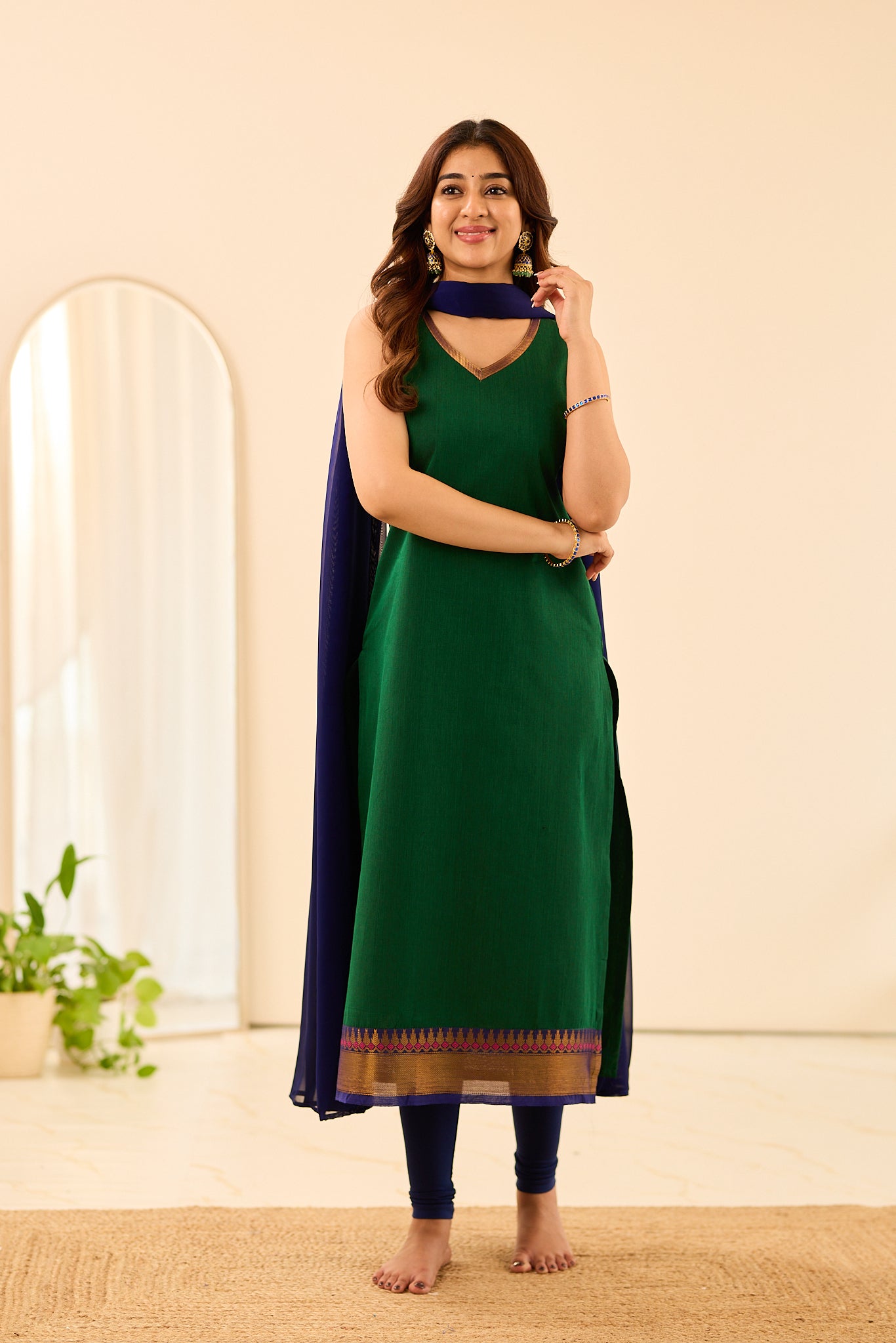 Dark Green with Blue Border Sleeveless Chettinad Cotton Salwar